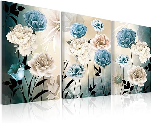 BINCUE Lienzo enmarcado de montaña grande, 3 piezas, pintura de montaña de niebla azul, decoración de pared para dormitorio, sala de estar, oficina,