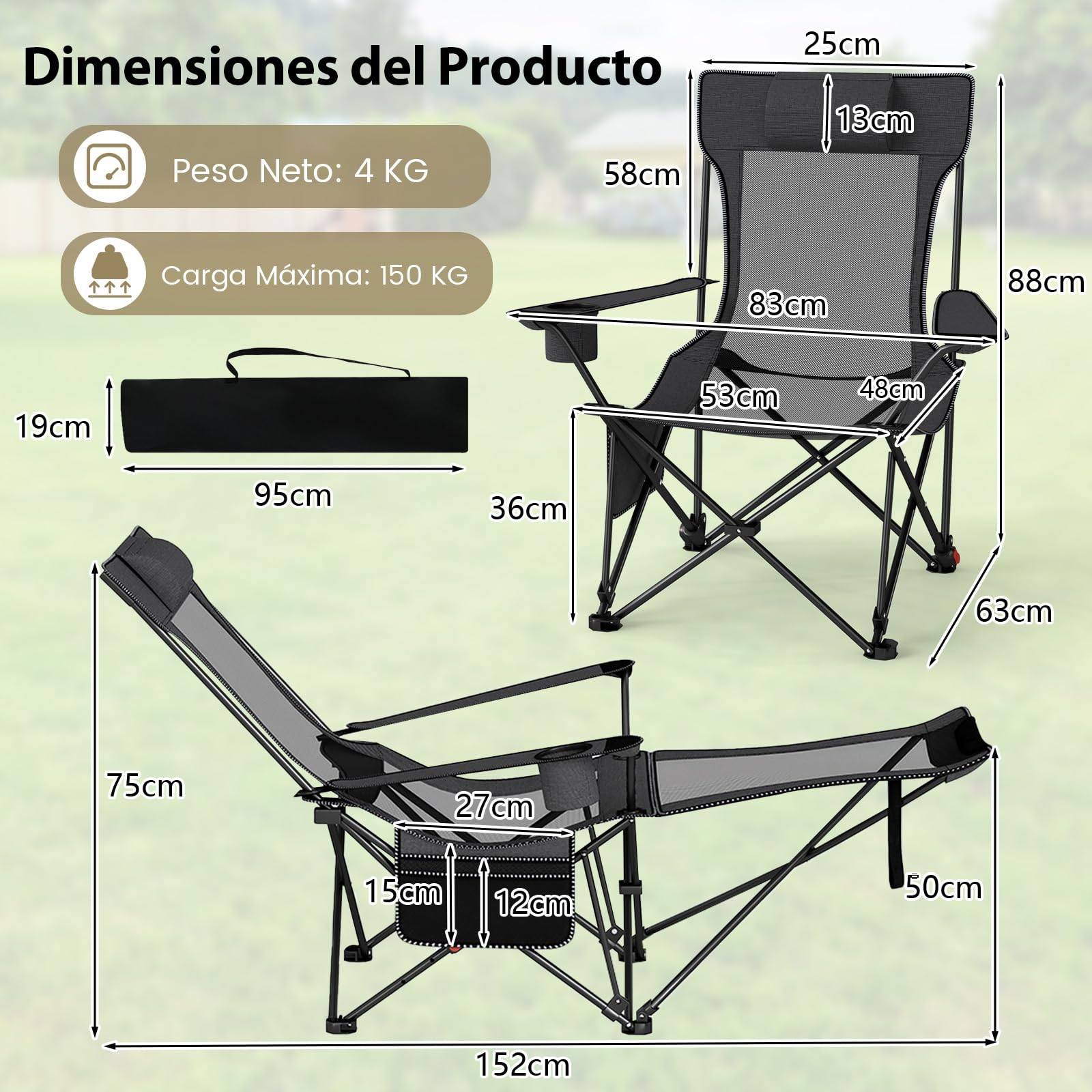 COSTWAY Silla Plegable Camping con Reposapiés Extraíble, Tumbona Reclinable con Respaldo Ajustable de 4 Niveles, Reposacabezas, Portavasos, Bolsa de Transporte, Jardin Playa Piscina (Gris)