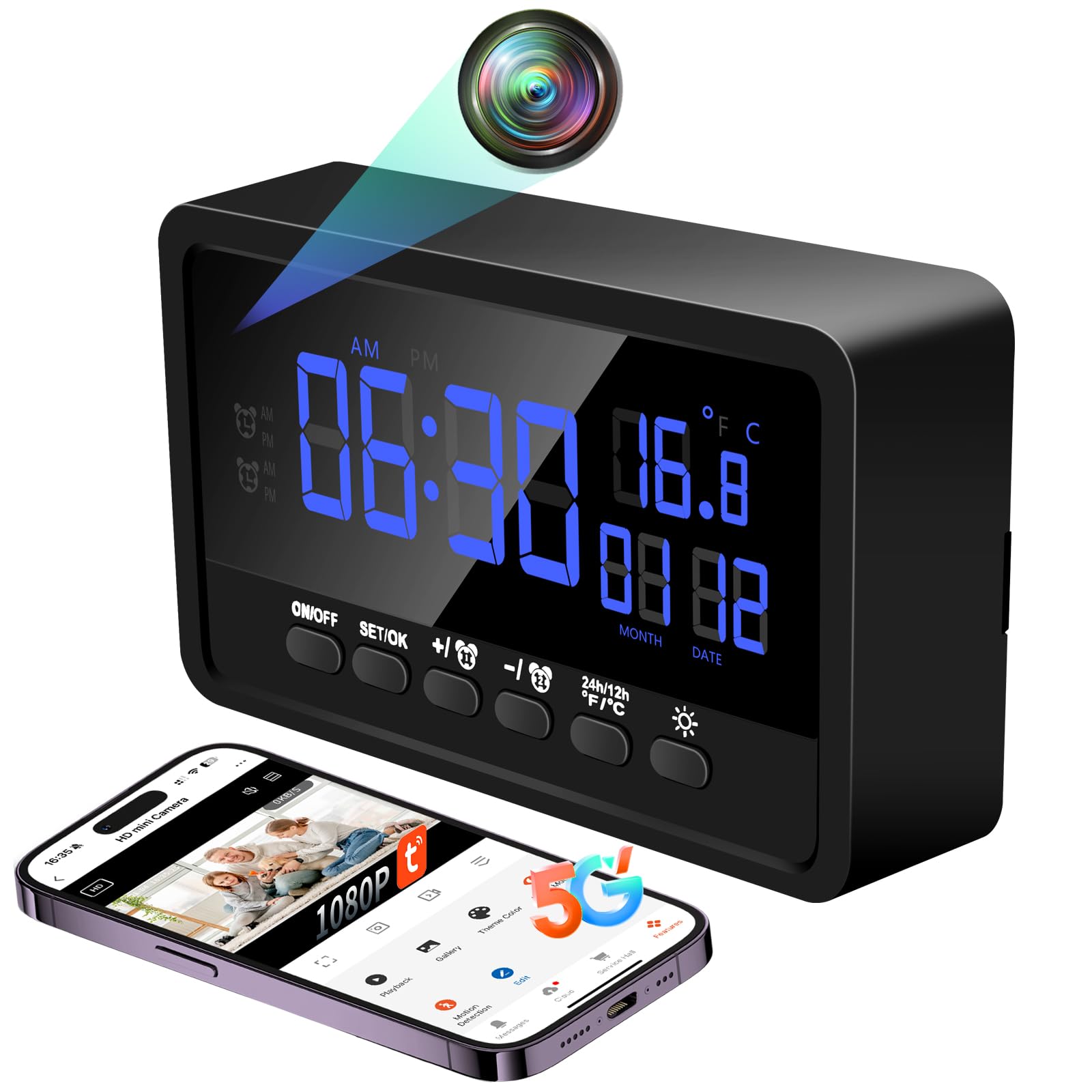 Telecamera Nascosta WiFi 5G, Mini Telecamera Spia Senza Fili, 120° Microcamera Spia Sveglia 1080P HD Spy Cam Videocamera Orologio Visione Notturna Rilevamento di Movimento Tuya APP