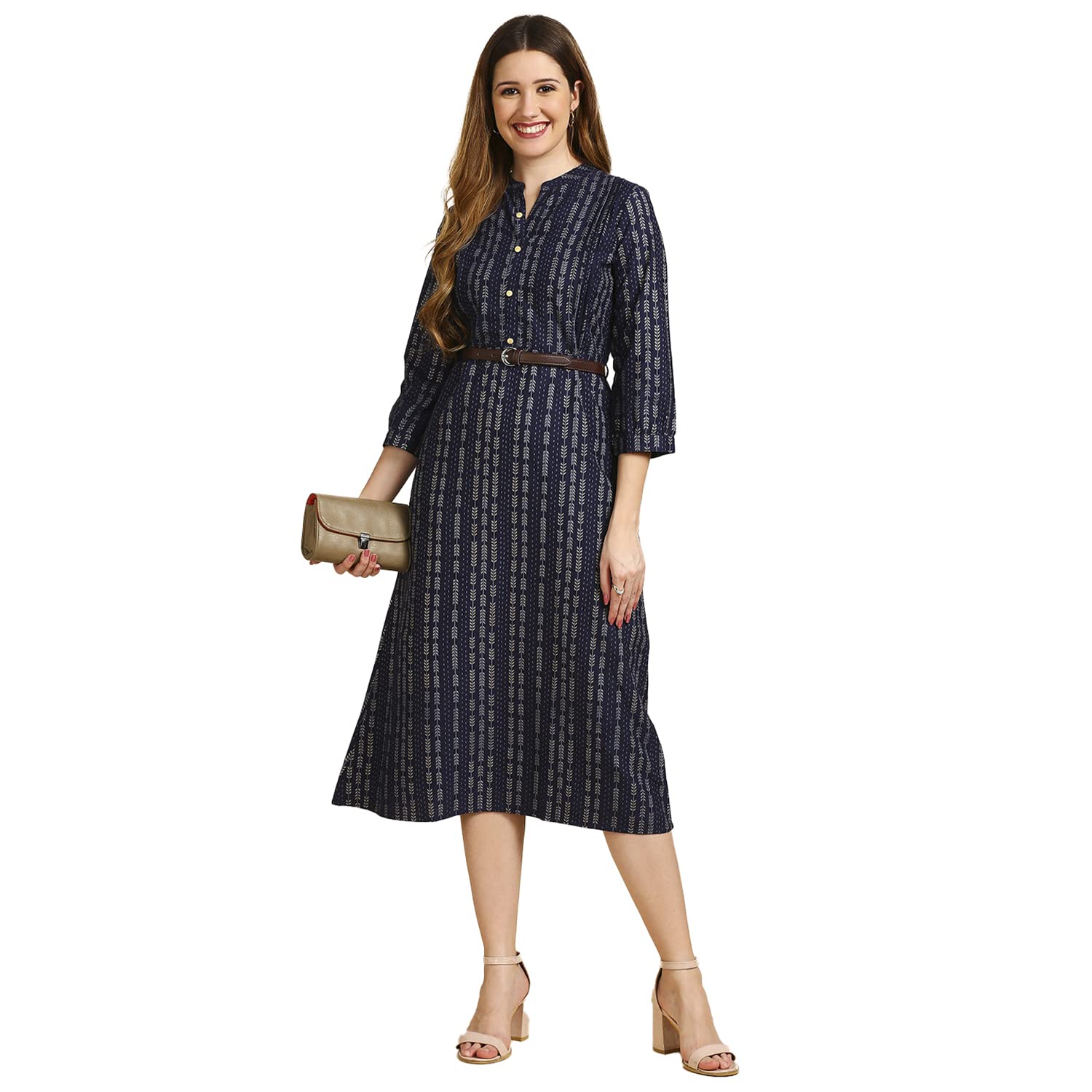 Anubhutee Women's Cotton Printed A-Line Indo Western Dress Navy Blue