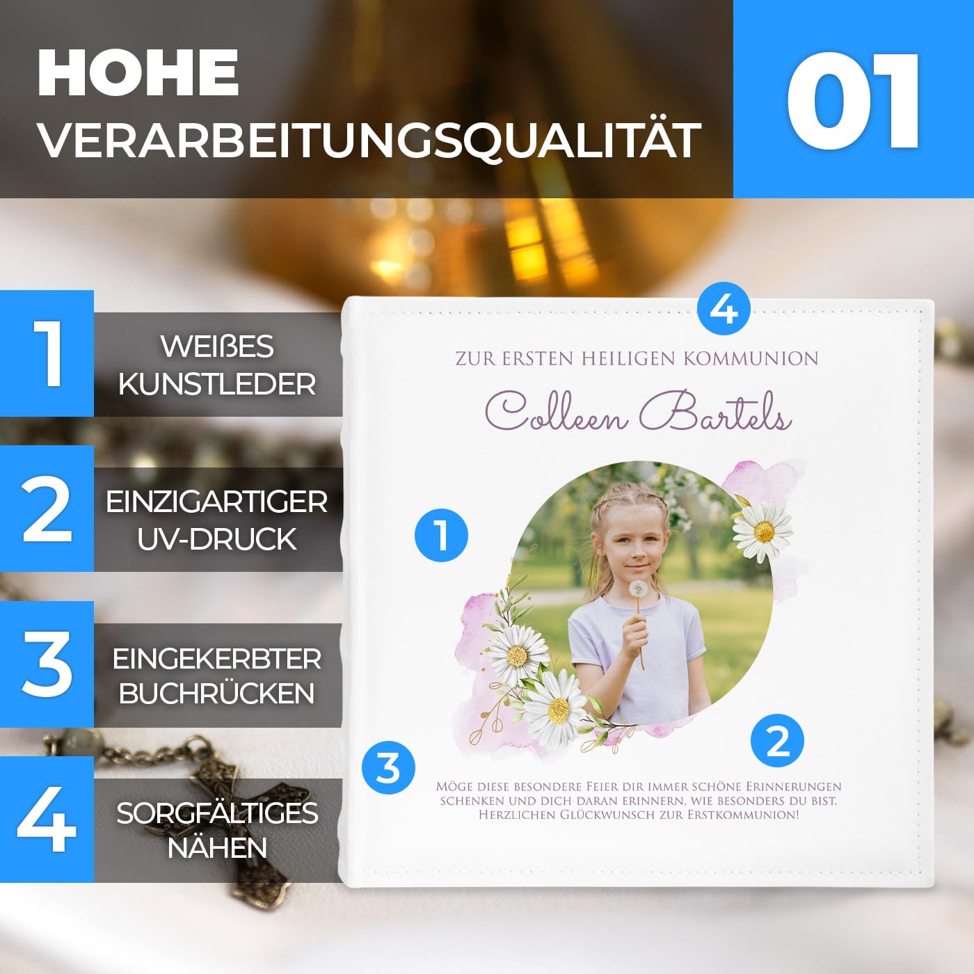 Maverton Einsteckalbum mit Aufdruck - Fotoalbum für 500 Fotos 10x15-100 Seiten - Größe: 33x33cm - Weiß - personalisierte Geschenke für Kinder zur Erstkommunion - Kommuniongeschenke