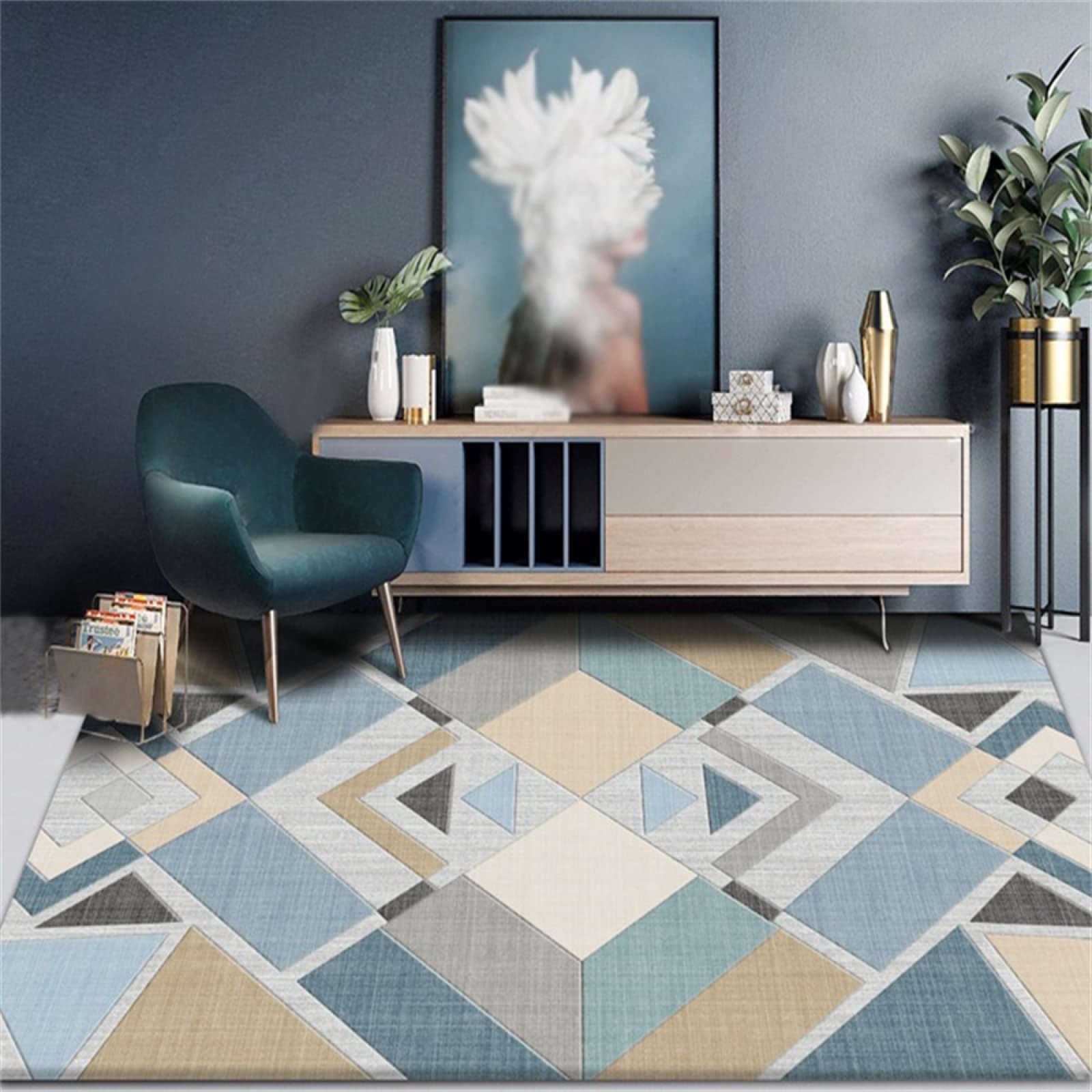 Géométrie de la chambre à coucher simplifiée grâce au grand tapis salon moderne