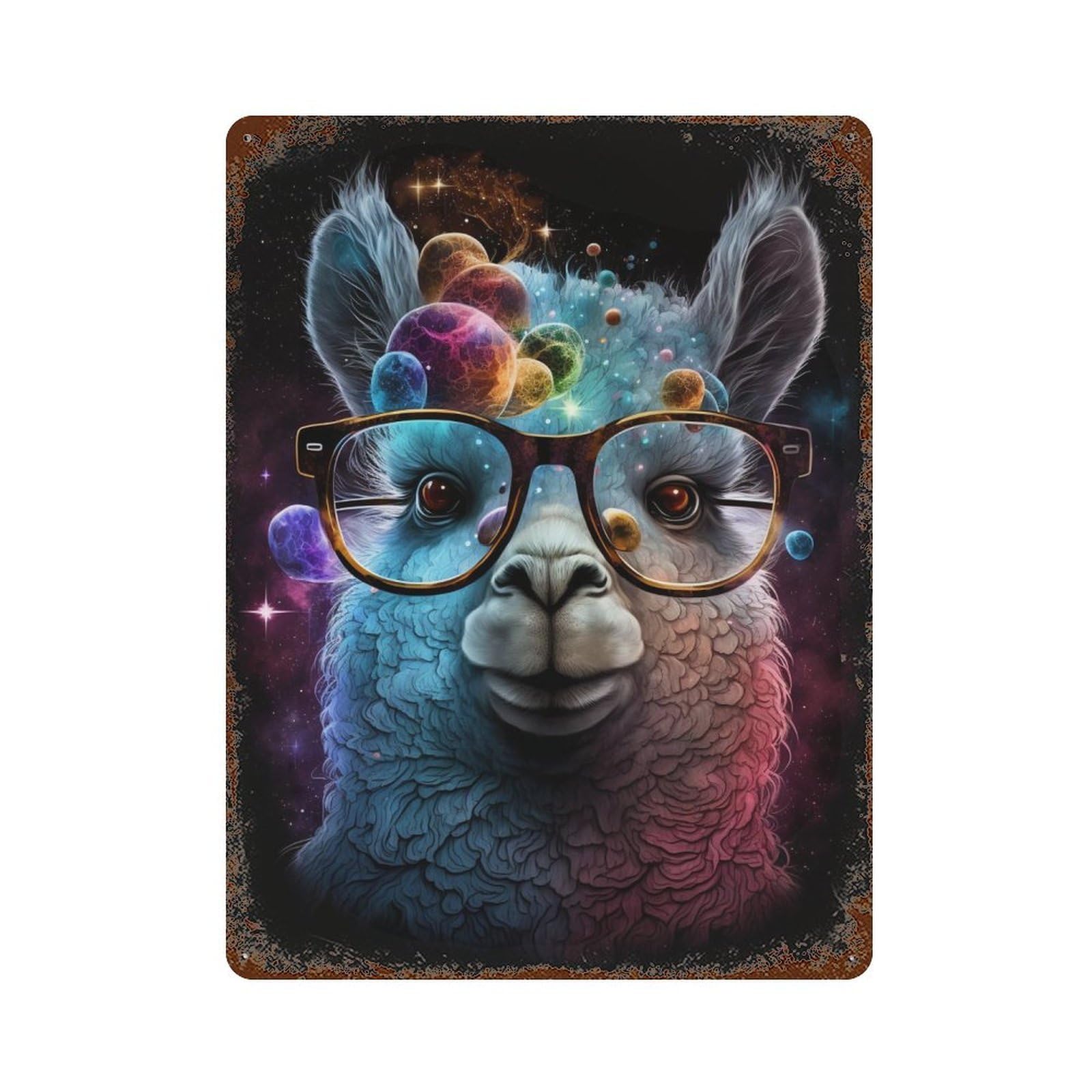 Retro Metal Sign with Cosmic Llama Glasses Art Print-1 Design 15.7"x11.8", for Shed, Workshop And Garage Wall Decor, Old School Wall Decor