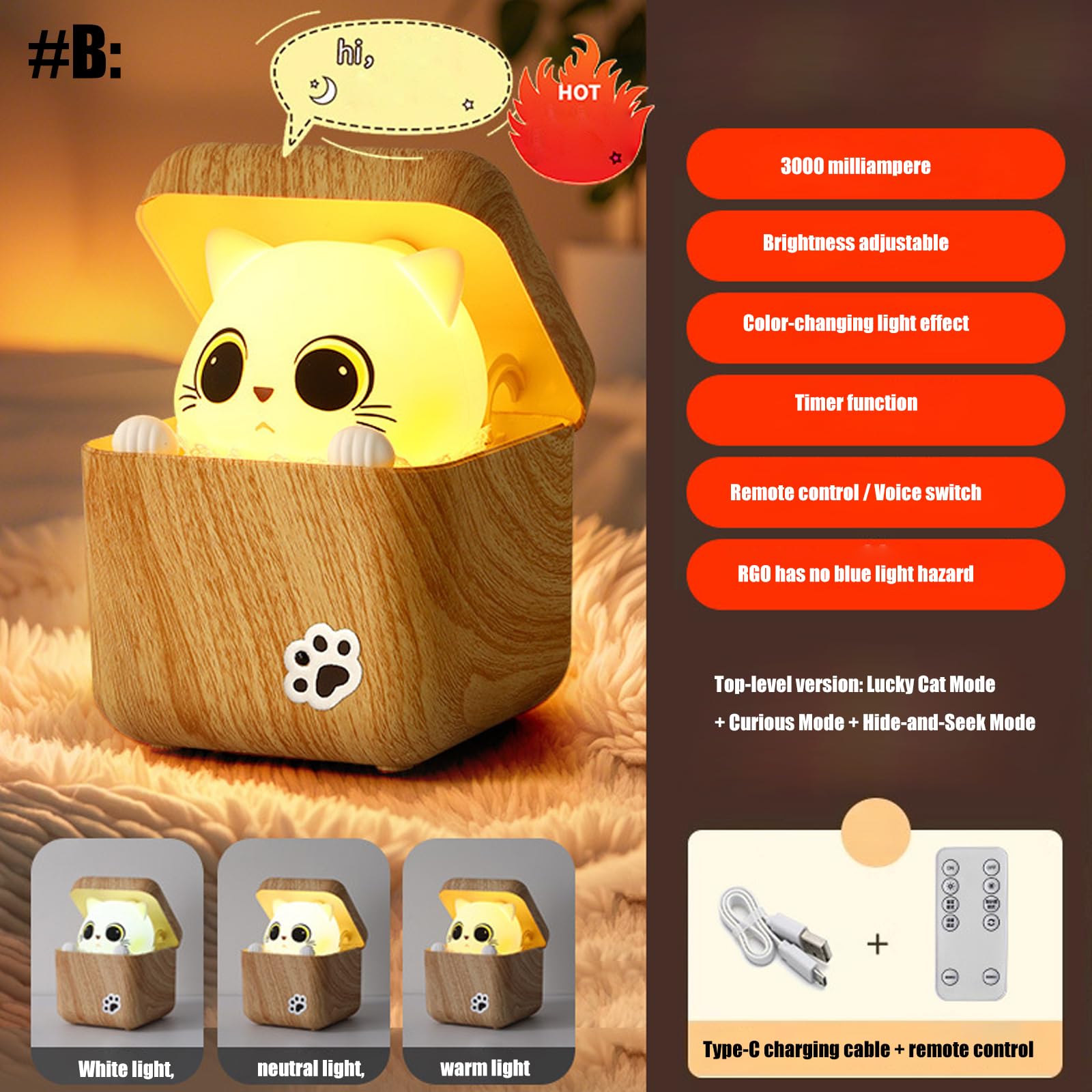 Lámpara de noche con tema de gatos interactivos juguetones con modos de luz ajustables Operaciones silenciosas Luz decorativa Textura de Lámpara de noche divertida para mascotas