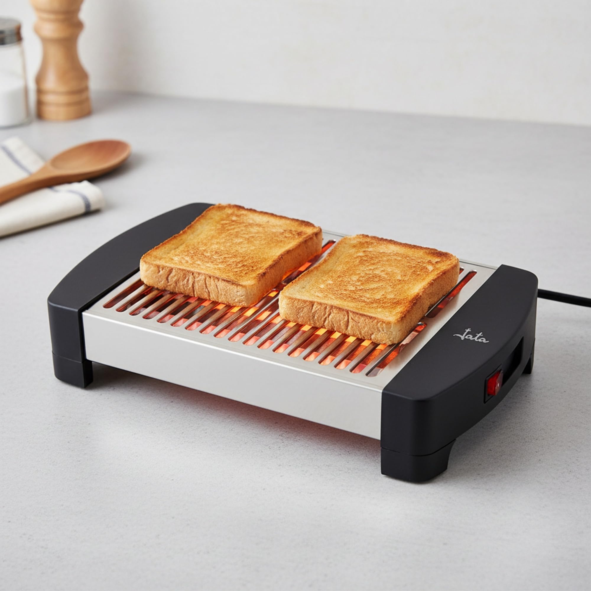JATA TT589NG - Tostador Horizontal Tradicional, Tostador de Pan Plano Acero Inoxidable, 4 Resistencias de Cuarzo, Gran Superficie para Pan, Bollería y Repostería, 550W