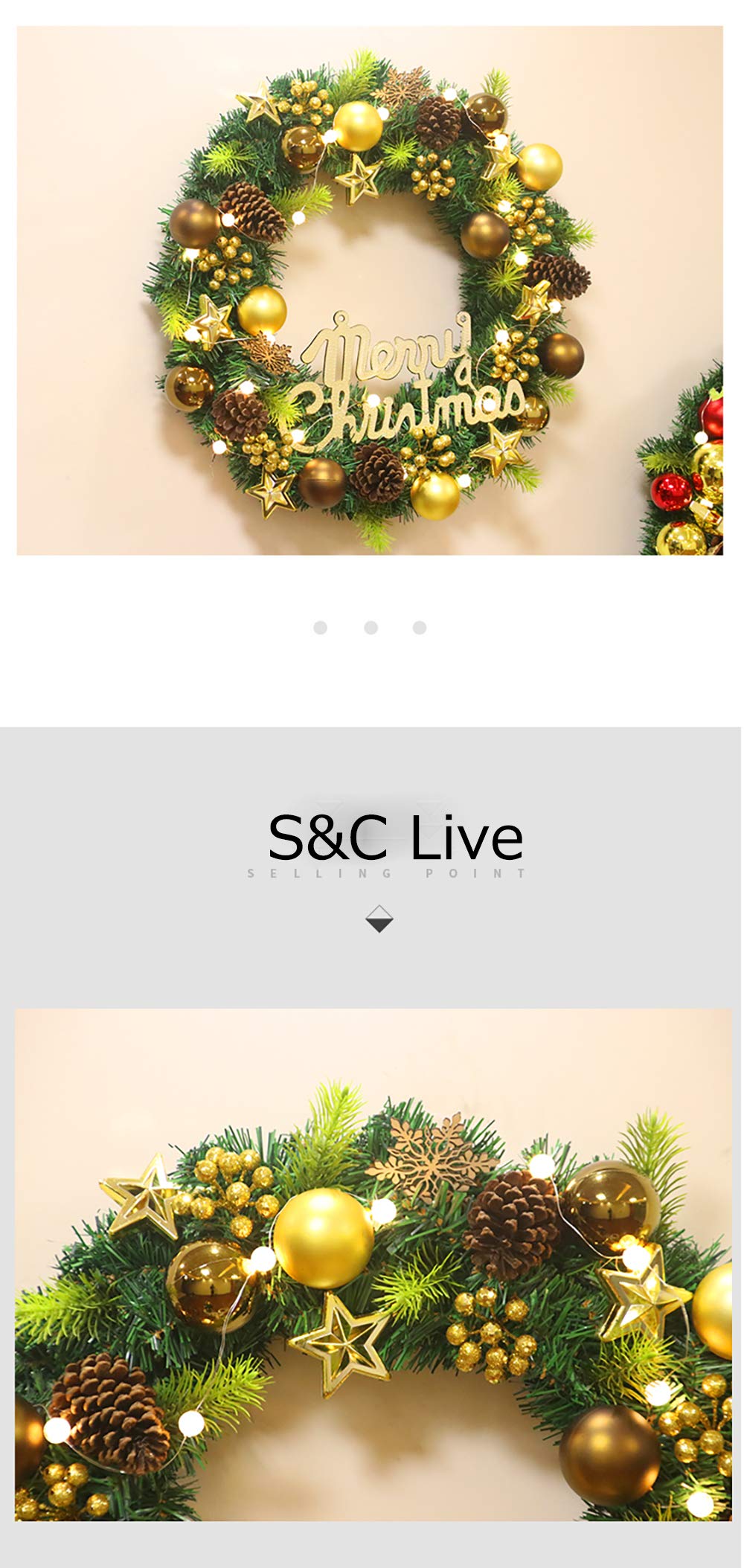 Amazon | S&C Live クリスマスリース 玄関ドア用 40cm ゴールド 華やか