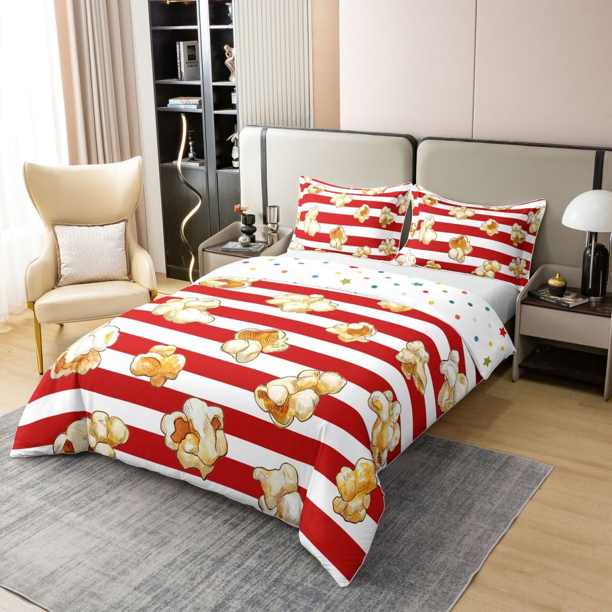 Homemissing Tema del film cotone Set Copripiumino 135x200cm Popcorn Stampa Copripiumone Morbido per ragazzi strisce Copripiumini Geometric Room Decor Con 1 Cuscino