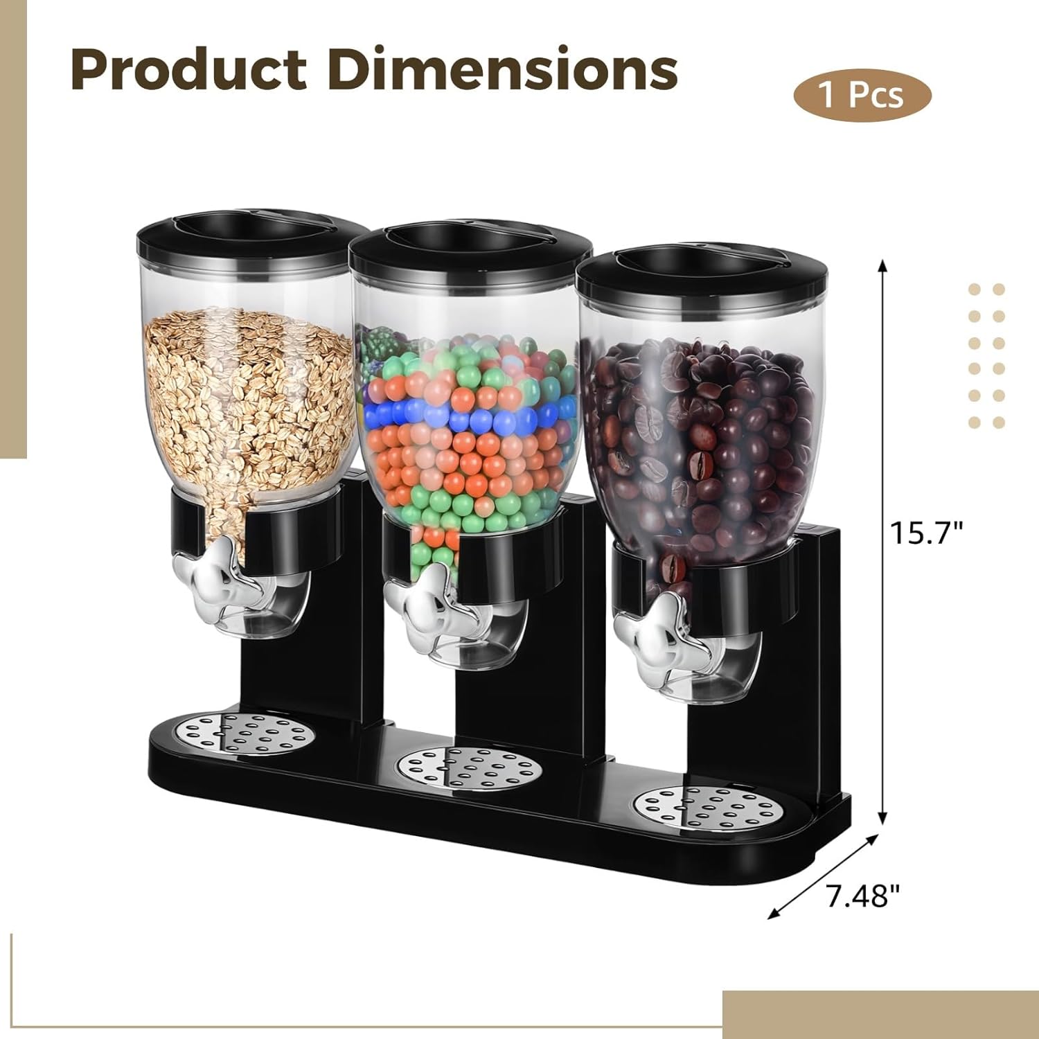 2L Snack Dispenser Acrylic With Black Base, 3 Independent Containers, Clear Storage Food For Dry Foods, Nuts, Grains, Candies, Metal Dispensing Ports