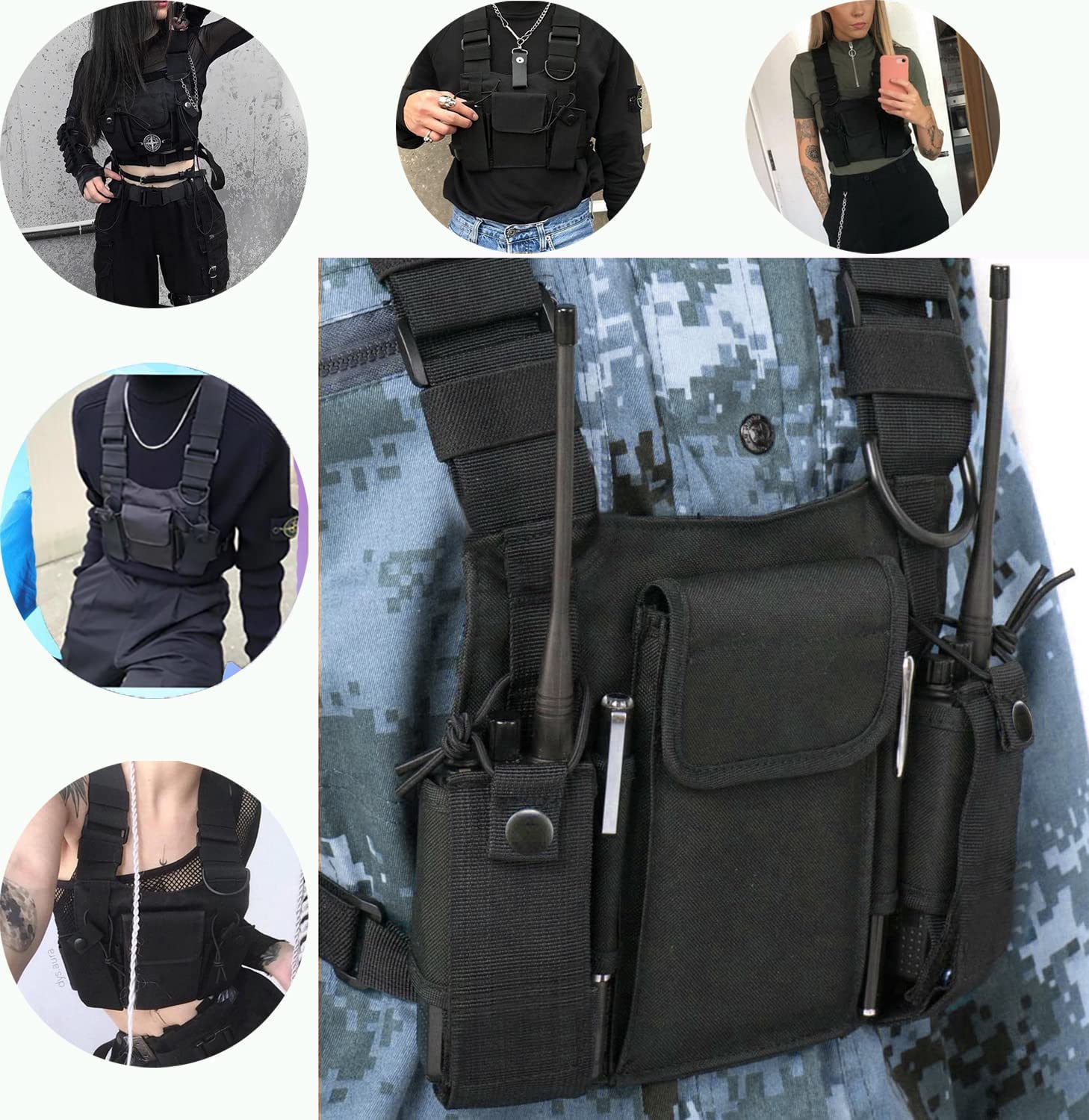 Walkie Talkie Mochila con Bolsillo en el Pecho, Mochila walkie Bolsa de Transporte para radios de Dos vías, Soporte para Rescate Essentials Chaleco Rig Pouch Negro