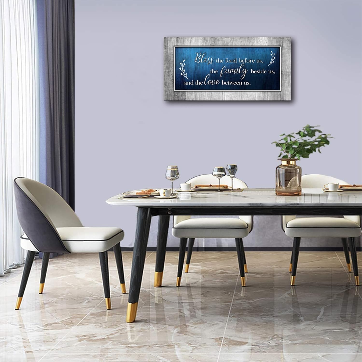 Canvas Wall Art for Dining Room Decor-Blue and Grey Canvas Prints Bless The Food Quote Wall Pictures Painting Framed Artwork for Home Living Room Bedroom Kitchen Decoration 20"x40"