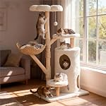 Susire Indoor Modern Cat Tree: 44Inch Large Cats Tower Made by Wood with Sturdy Base and Sisal Rope Scratcher - Kitty Tall Activity Climbing Perch with Two Wicker Baskets and Flower Shape Platform