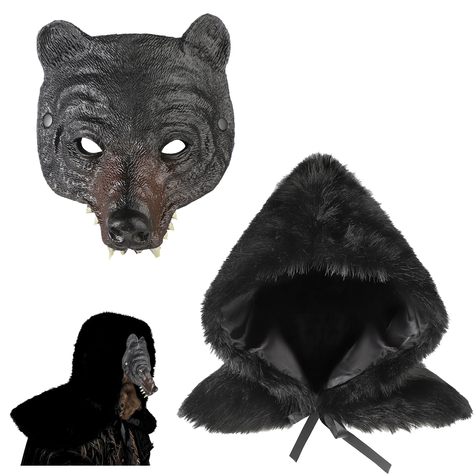 Medieval Norse Barbarian Costume Outfit Faux Fur Hooded Shawl Wrap Fancy Dress Bear Mask Set Viking Cosplay Furry Hooded Costume Cloak Cape Half Face Animal Mask Dress Up Accesorry for Halloween LARP