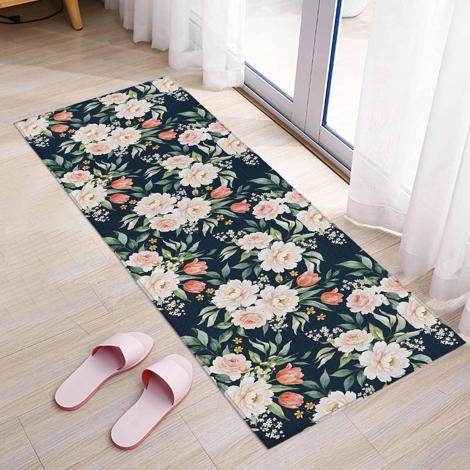 Teamery Kitchen Mats for Floor Watercolor Flowers Peonies Tulips Washable Non Slip Kitchen Rugs 1PCS, Farm Floral Leaves Absorbent Standing Mats for Sink Bathroom Office Living Room 15.7x47.2in