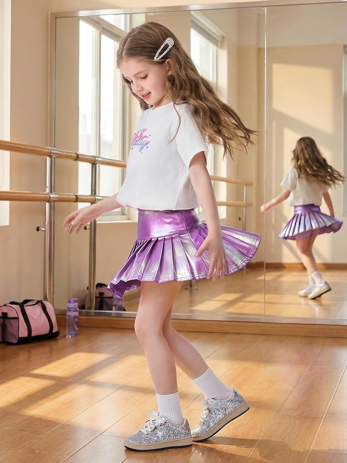 Miipat Girls Metallic Pleated Skirt Sparkly Dance Skirt Elastic Waist Kids Shiny Tennis Skort with Pockets