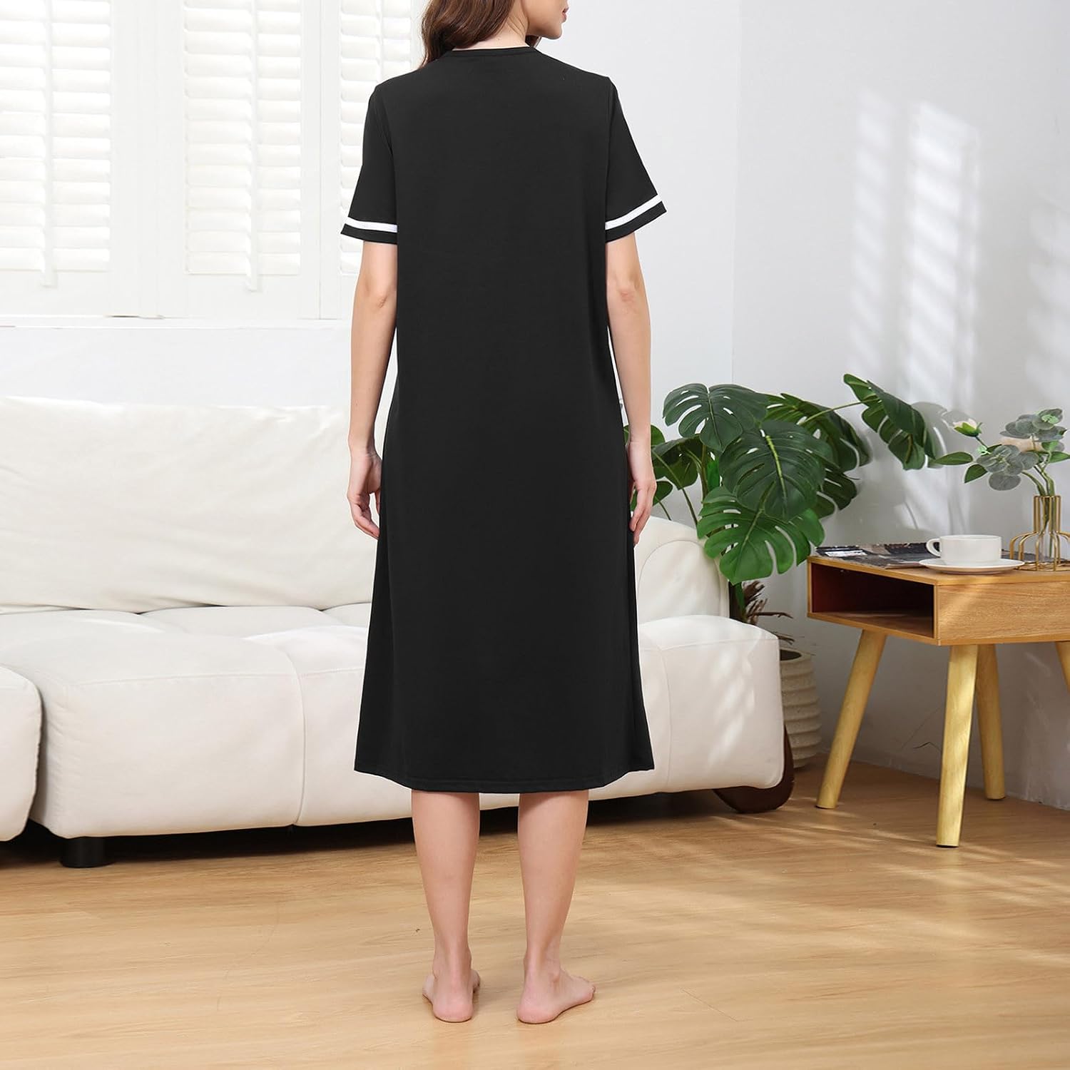 Women's Zip Front Nightgown with Pockets Short Sleeve Crewneck Nighshirt Loose Summer Lounge Pajama Dress 2026