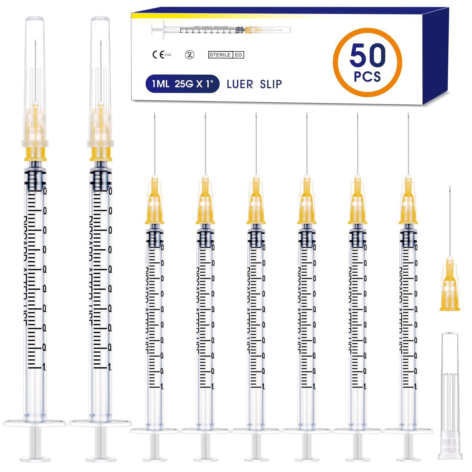 50 Pack 1ml Syringes with Needle-25Ga 1 Inch, Individually Sealed Packaging