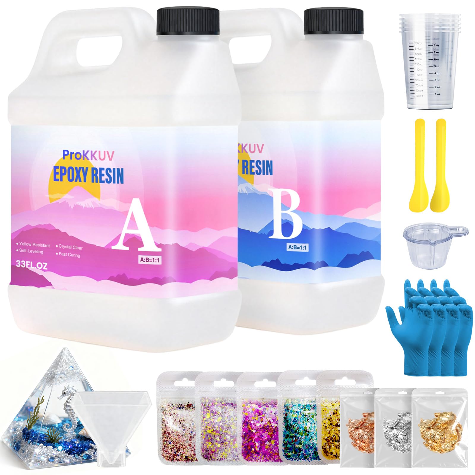 ProKKUV Crystal Clear Epoxy Resin Kit 2L/66OZ, Bubble Free Casting Epoxy Resin with Mixing Tools for Beginners DIY Crafts Jewelry Making and Coating