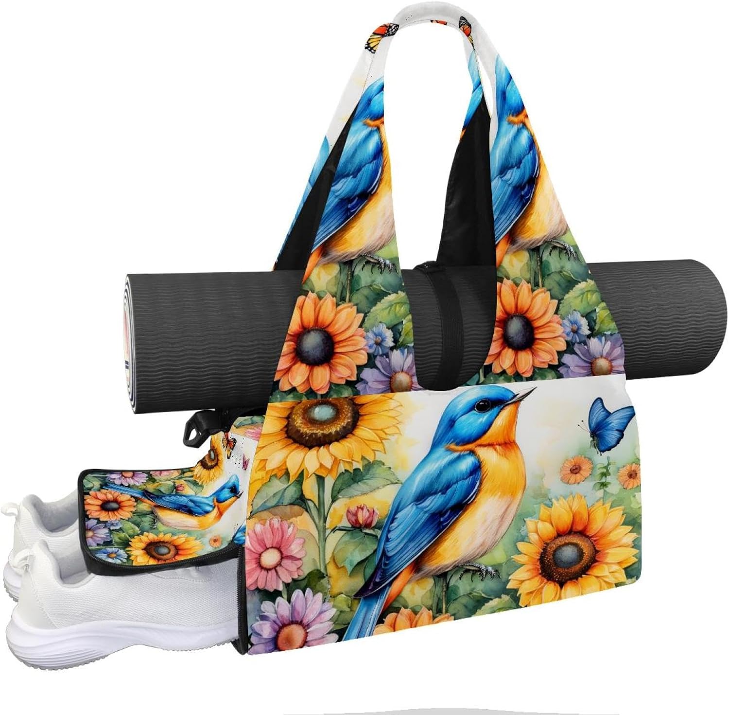 Yoga Mat Bag, Gym Workout Bag with Shoe Compartment, Bird Sunflower Pilates Bag for Women, Quick Access Storage Yoga Tote Bag for Sports Travel Office