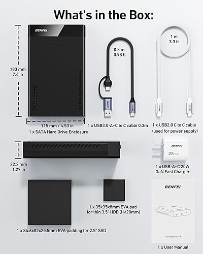 Miniatura 9 de BENFEI Carcasa SATA HDDSSD de 3,52,5 pulgadas, diseño sin herramientas, admite HDD de 20 TB y UASP