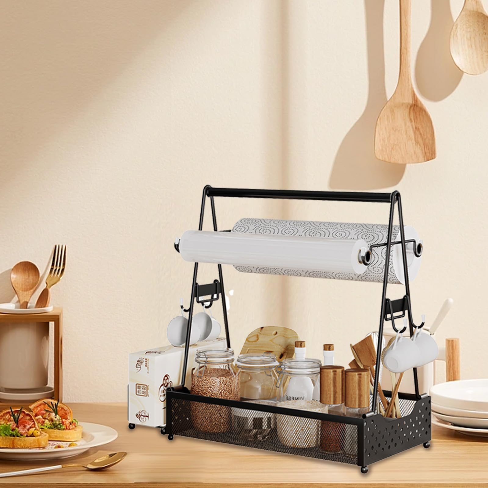 Grill Caddy für Camping,Picknick & Outdoor Edelstahl Campingzubehör Organizer,Schwarz Metall Tassenständer Gewürzregal,Kaffee Organizer Regal mit 4 Haken,Grill Utensilienbehälter