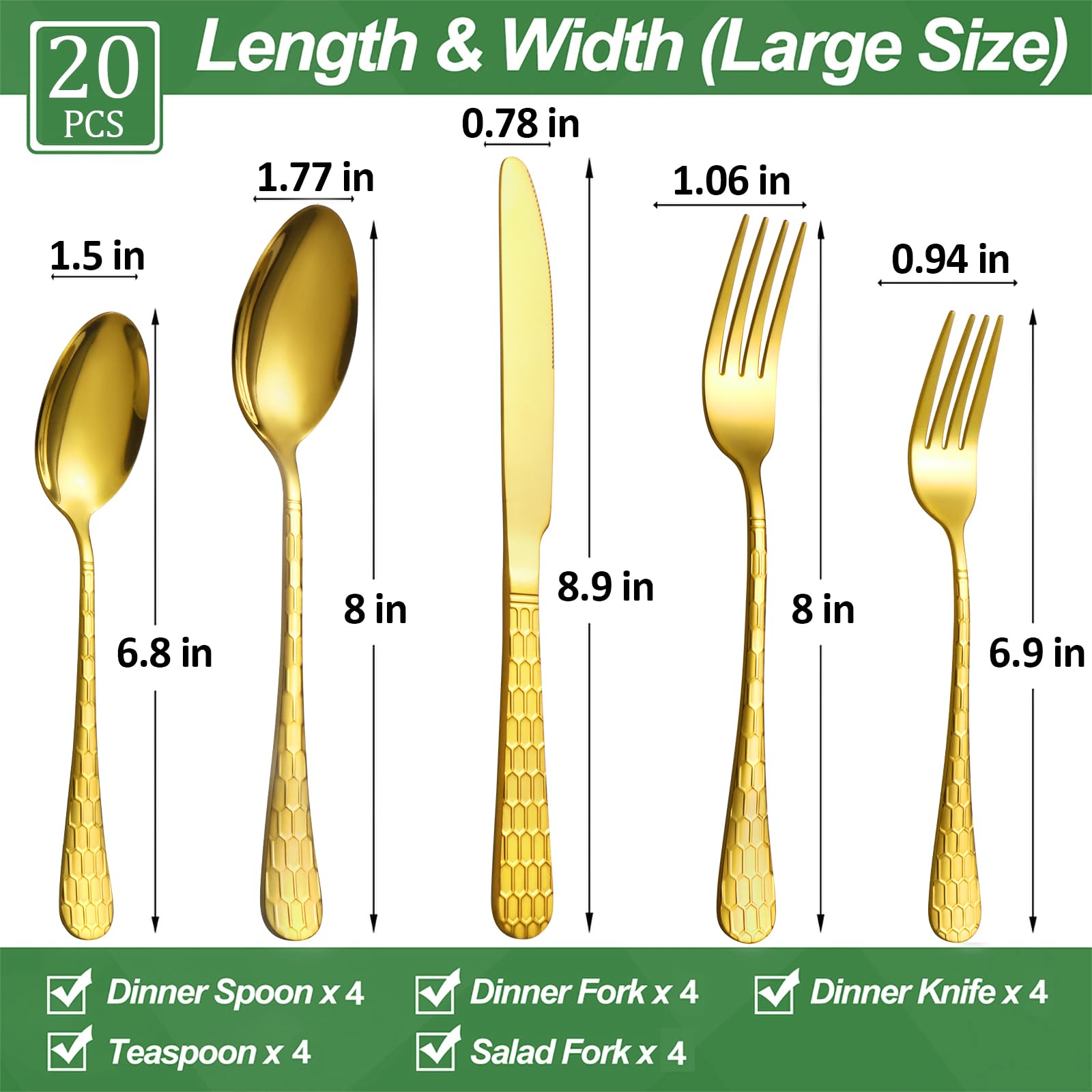 20 Pcs Gold Silverware Set for 4, Food Grade Stainless Steel Flatware Set, Eating Utensils Sets Include Fork/Knife/Spoon, Reusable Cutlery Set for Home Kitchen, Dishwasher Safe, Round Hammered — Amazon image 2