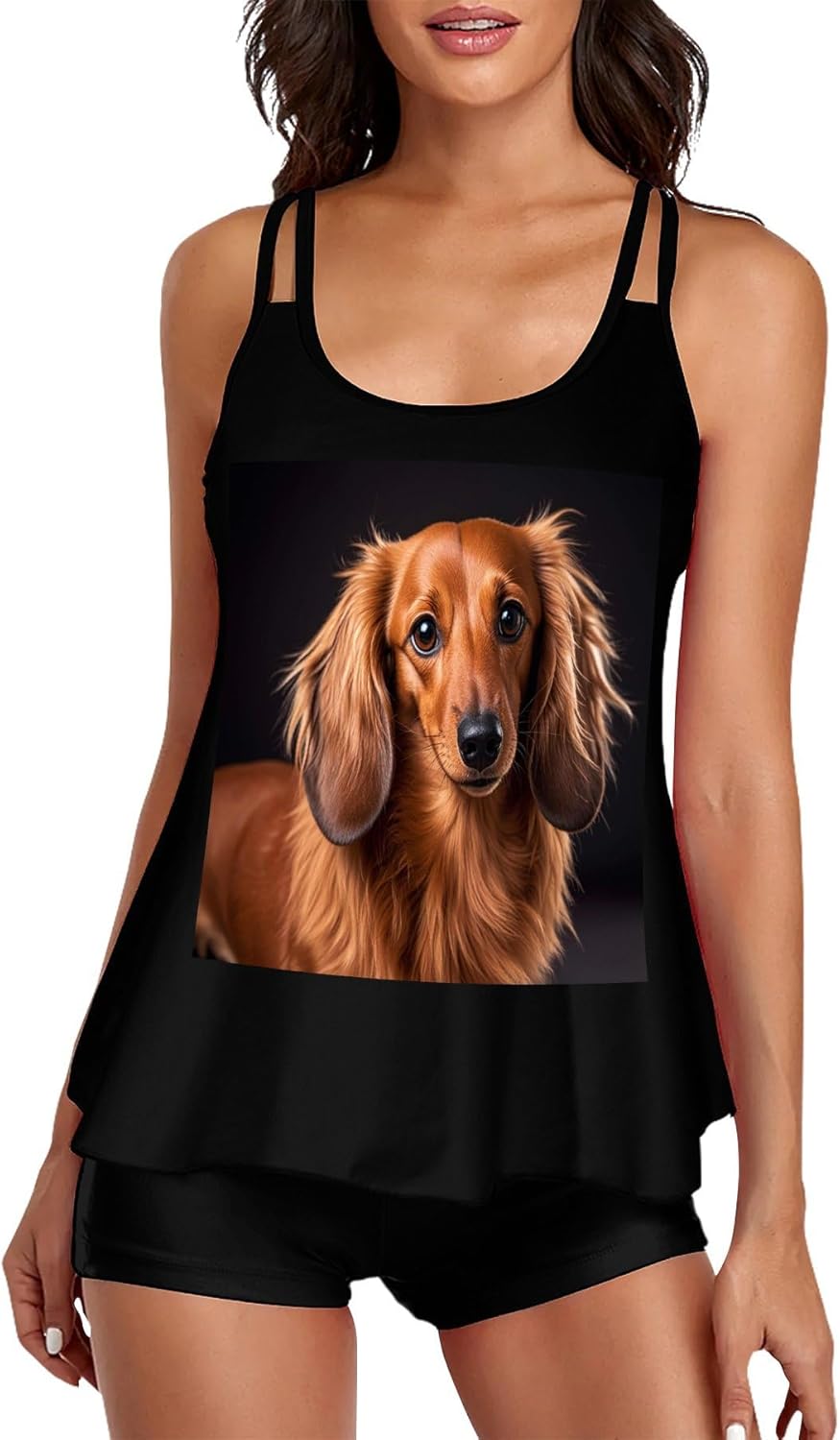 Long Haired Dachshund Tankini Swimsuits for Women Tummy Control Two Piece Bathing Suits Swim Tops with Boy Shorts