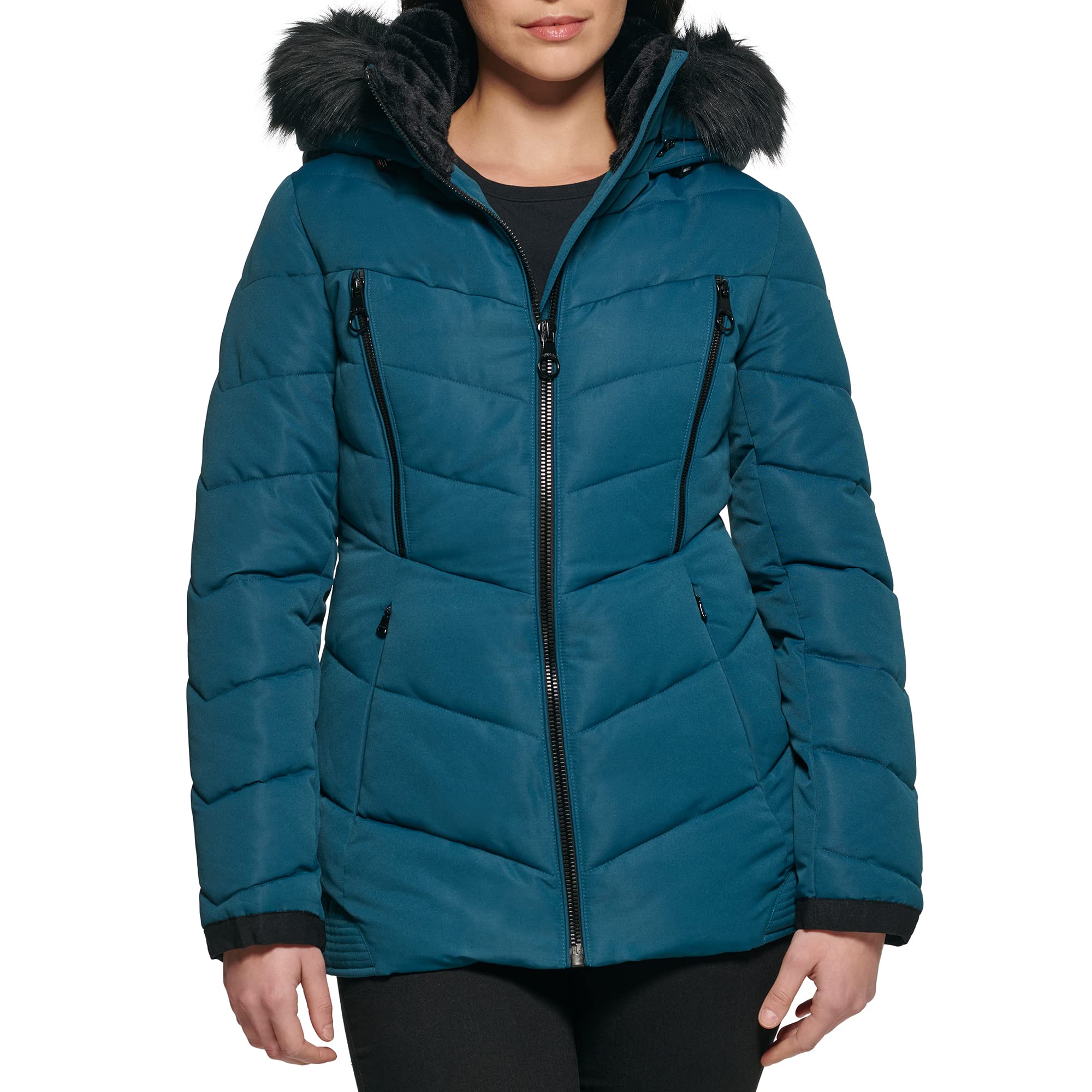 GUESS Women's Midweight Puffer Jacket, Hooded Teal, S