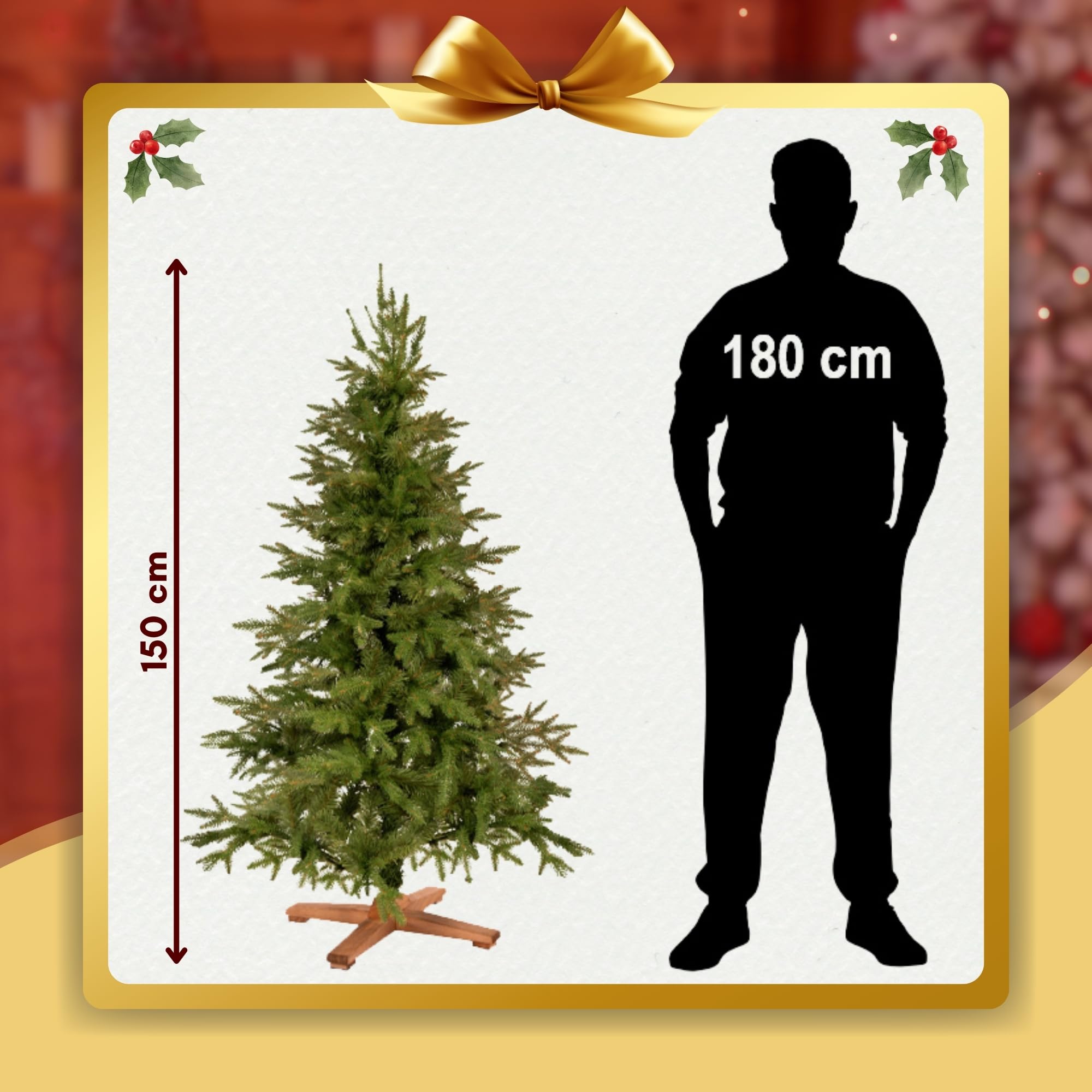 Árbol de Navidad artificial de abeto de 150 cm, con 310 puntas y soporte de madera resistente, para decoración de sala de estar, incluye bolsa de almacenamiento