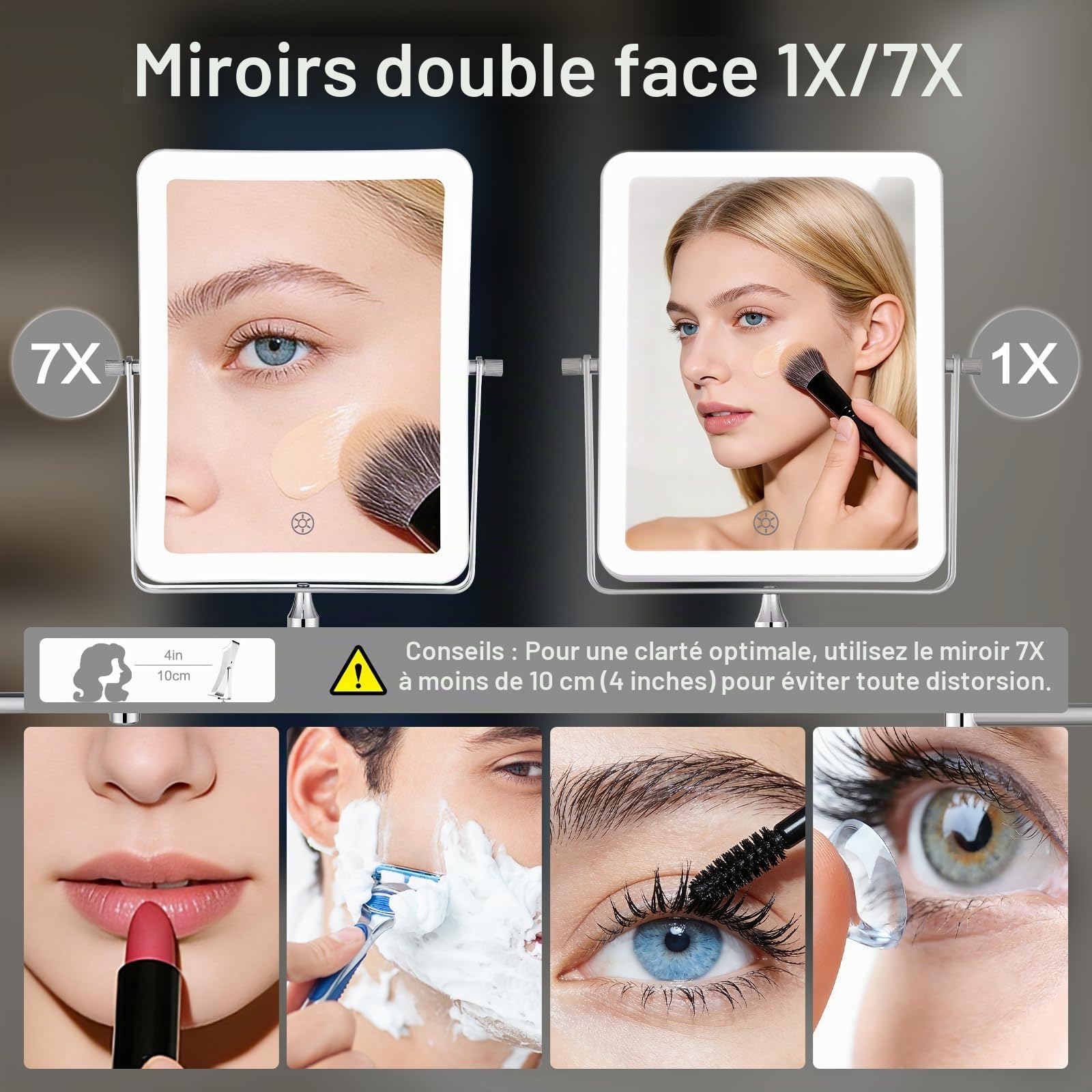 Miroir Maquillage Lumineux Rechargeable, Miroir Salle de Bain avec Éclairage 3 Couleurs, Miroir LED Grossissant 7X Mural, Rotatif à 360° et Extensible(AMZ-NHZJ2323-EU)