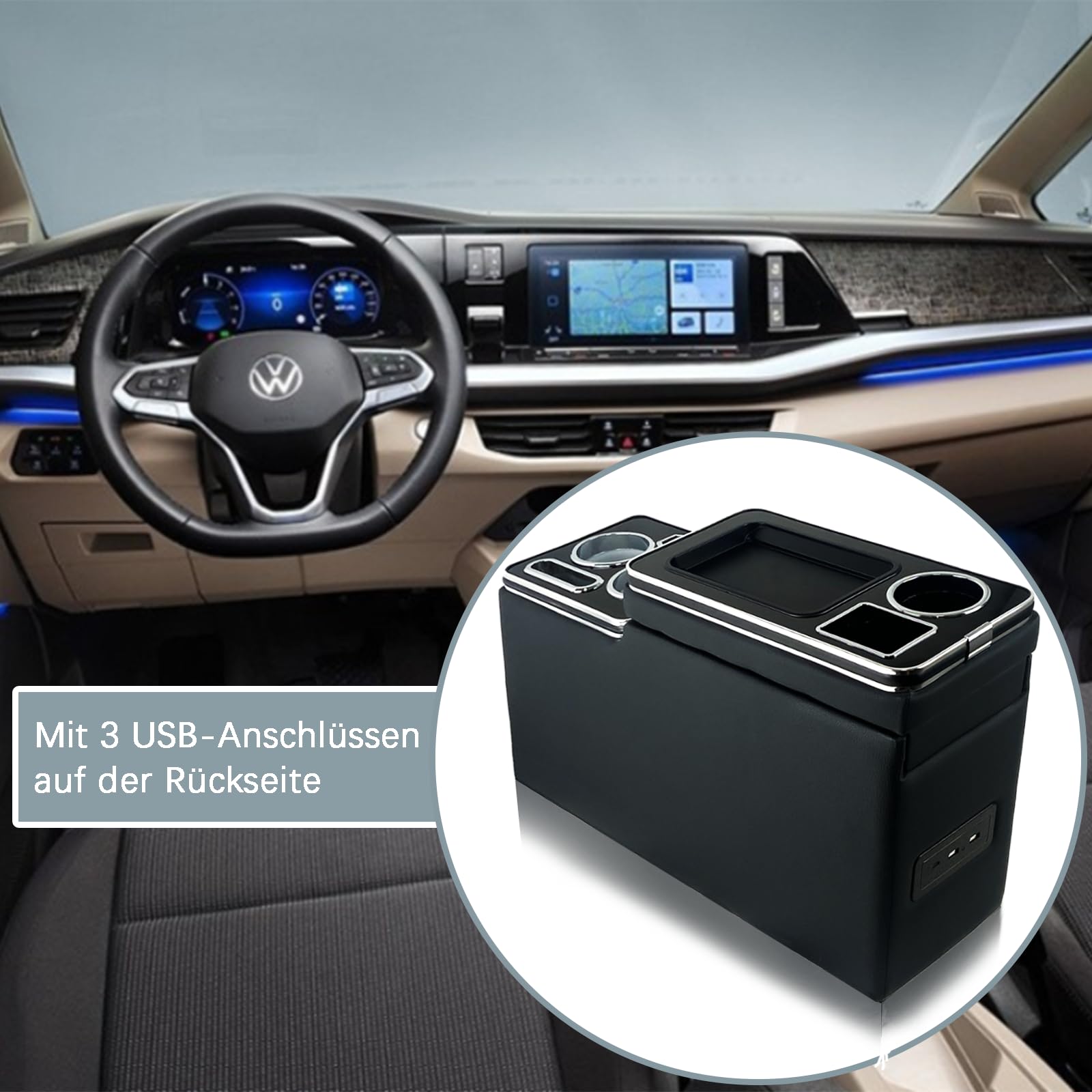 Konsola środkowa z 7 kolorami diod LED i stacją ładującą USB, kompatybilna z VW T4, T5, T6, T7, T6.1, 2003-2019, płyta akrylowa, podłokietnik, pudełko do przechowywania, błyszczące, skórzane,