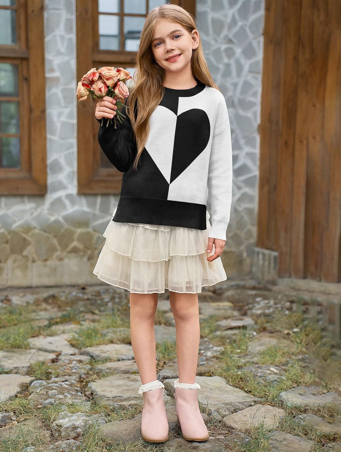 Haloumoning Girls Heart Sweater Kids Cute Color Block Knit Sweaters 7-14 Years - Image 4