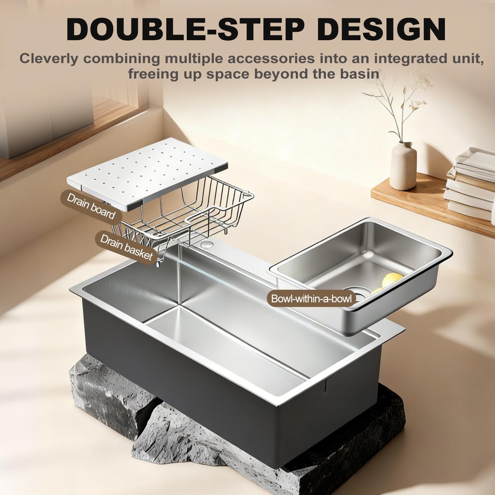 Fregadero de Cocina Profesional 85x50 de Acero Inoxidable con Revestimiento Nano, Seno Único Profundo 22cm, Diseño Artesanal Extra Grande con Colador y Accesorios de Desagüe.