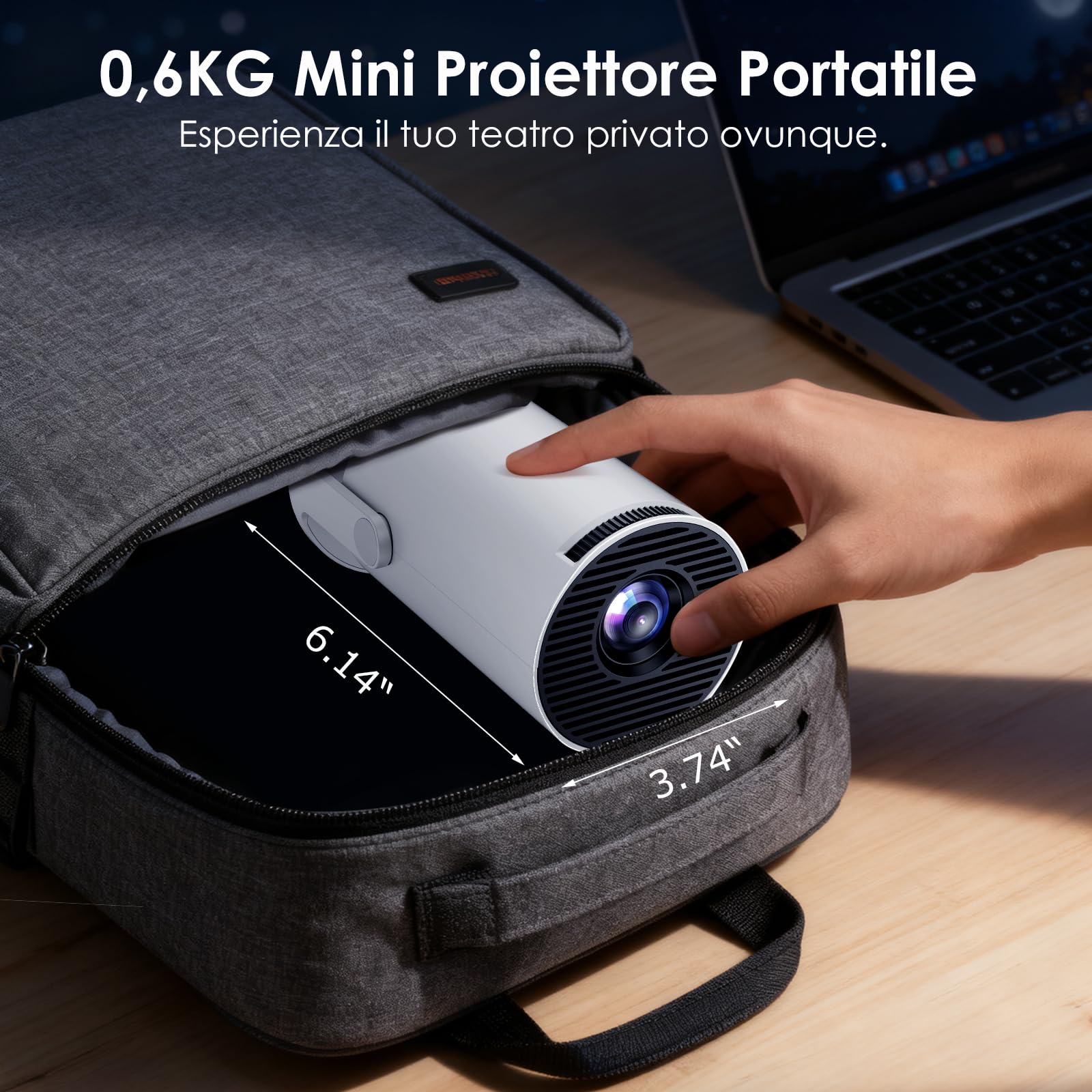 WOLFANG Mini Proiettore【App Integrate & WiFi 6】Videoproiettore Portatile 1080P con Bluetooth e Trapezoidale Verticale Auto, Proiettore da camera da letto a 180° compatibile con iOS/Android/PC/TV Stick