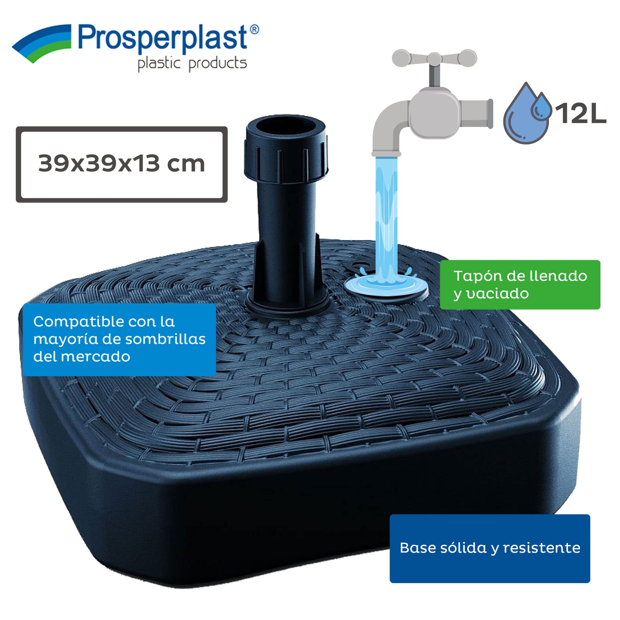 Kwadratowa podstawa parasola z polietylenu z plecionym wzorem 39 x 39 x 13 cm w kolorze antracytowym