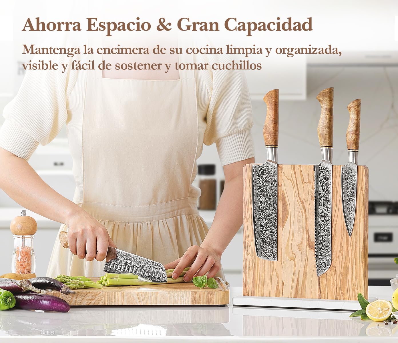 HEZHEN Soporte para Cuchillos Magnético Doble Cara, Bloque de Cuchillos de Madera de Olivo, Portacuchillos Organizador con Base Antideslizante de Mármol