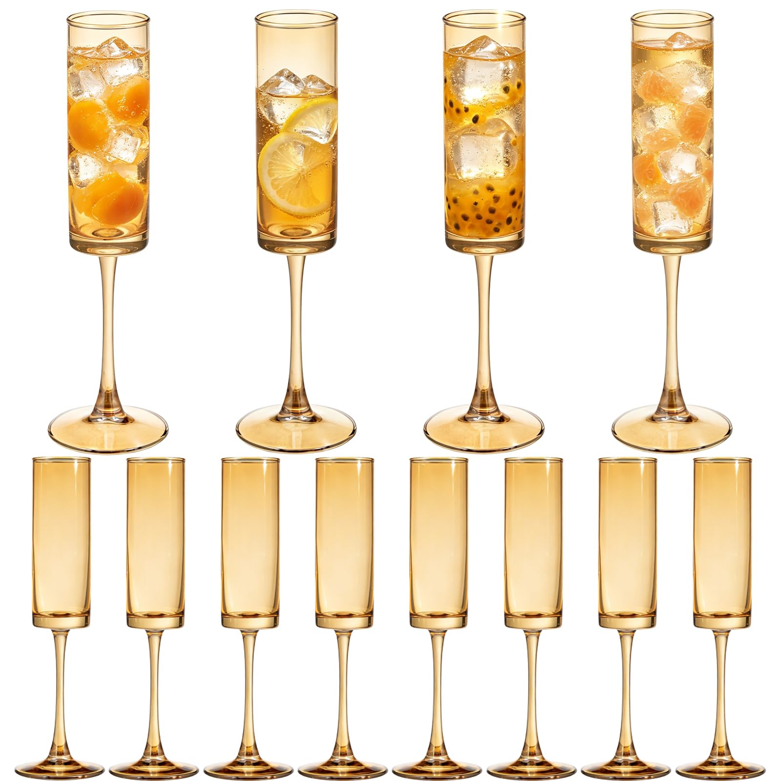 12 Pieces Amber Champagne Flutes 6 OZ Straight Sided Wine Glasses Champagne Long Stem Drinking Colored Glasses,Set of 12 Hand Blown Champagne Flutes Goblets for Wedding Cocktail Cups,Cava, Prosecco