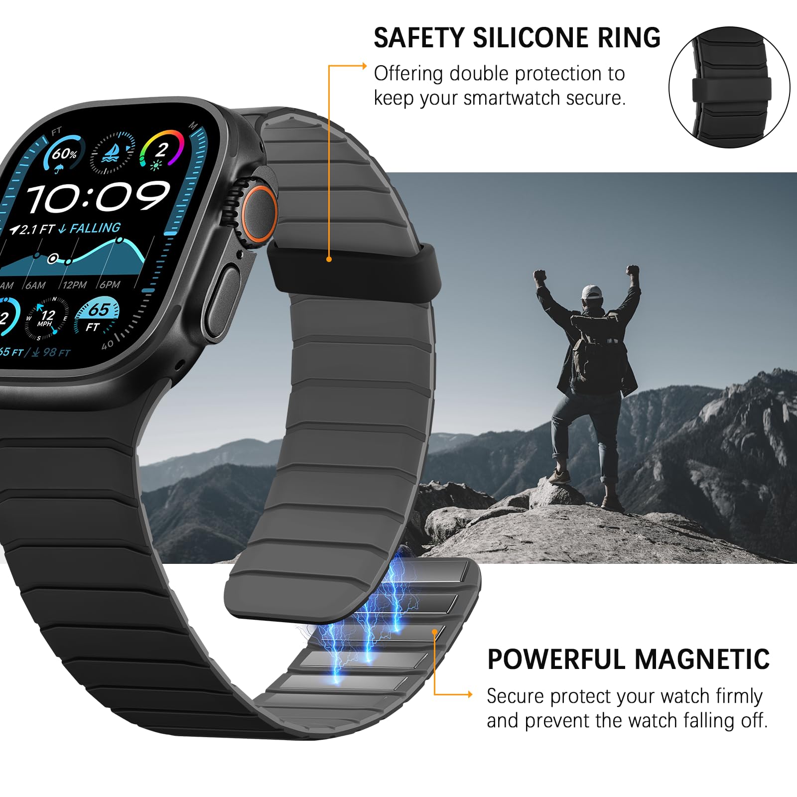 Sixmoat Cinturino Magnetico in Silicone Compatibile con Apple Watch 49mm 46mm 45mm 44mm 42mm per Uomo e Donna, Cinturini Sportivo e Leggero per Ultra SE Series 10 9 8 7 6 5 4 3, Nero-Grigio