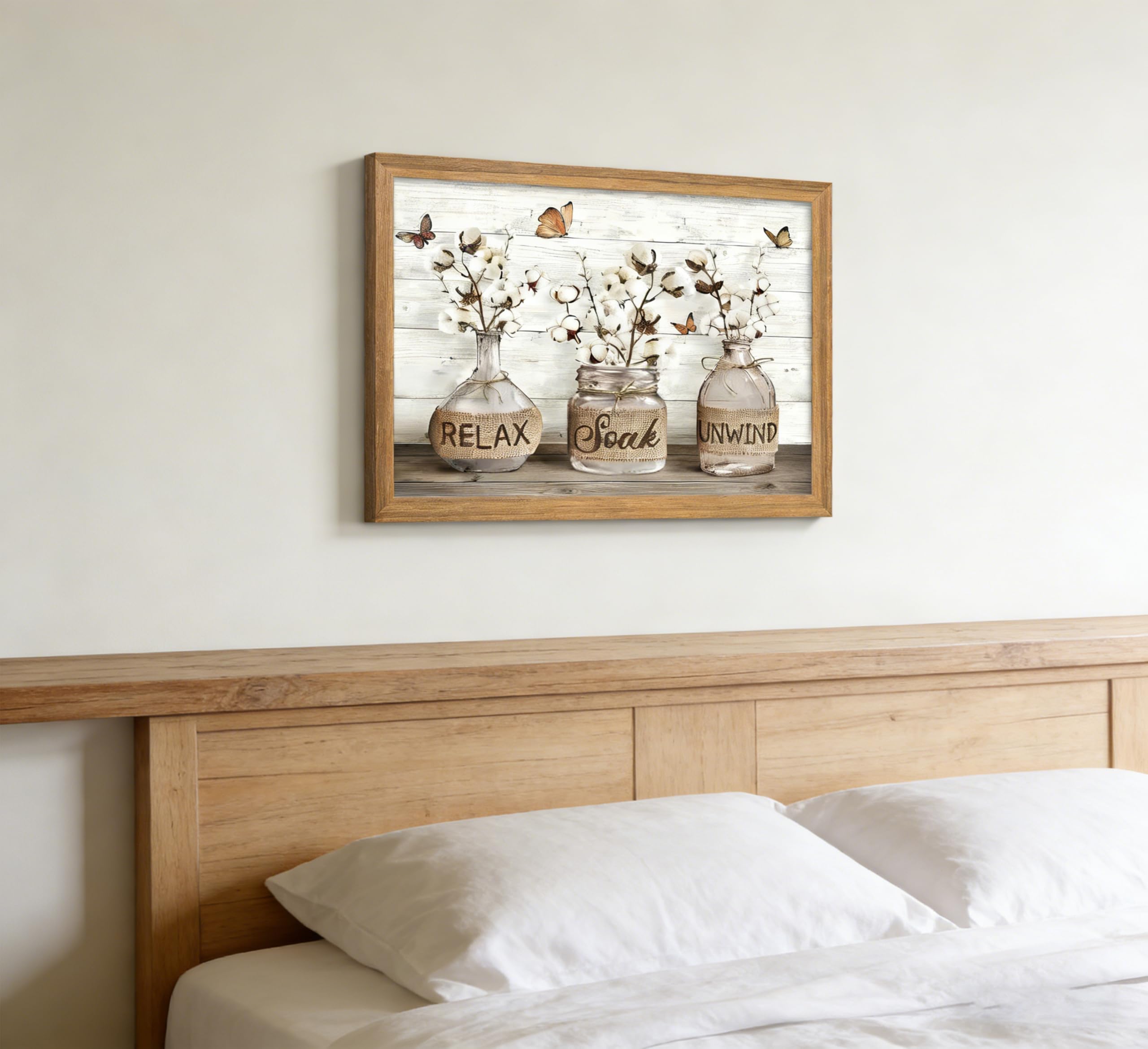 Framed Farmhouse Bathroom Canvas Wall Art Brown Rustic Cotton Flower Painting Picture Wall Decor Modern Relax Soak Unwind Sign Poster Print Artwork for Living room Restroom Home Decoration — view 4