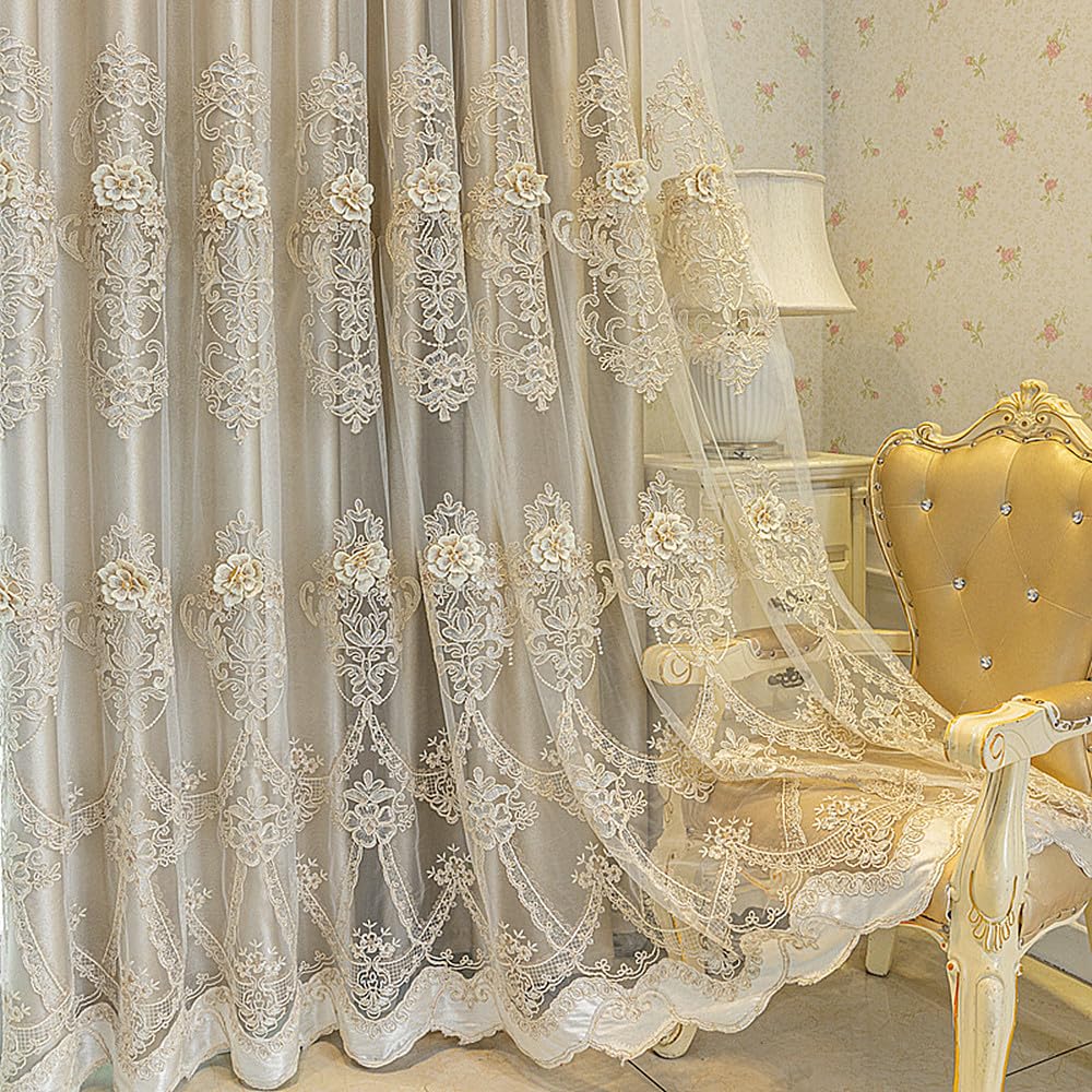 Amidoudou 1 Pair European Double Layer Curtains with Valance for Living Room 3D Flower Double Layered Curtains for Bedroom (Beige,66 x 90 Inch)