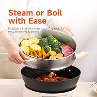 Vista 6 de Joydeem Sartén eléctrica de 5 cuartos de galón, sartén antiadherente de hierro puro con tapa de vidrio y estante de vapor, control de calor de 3
