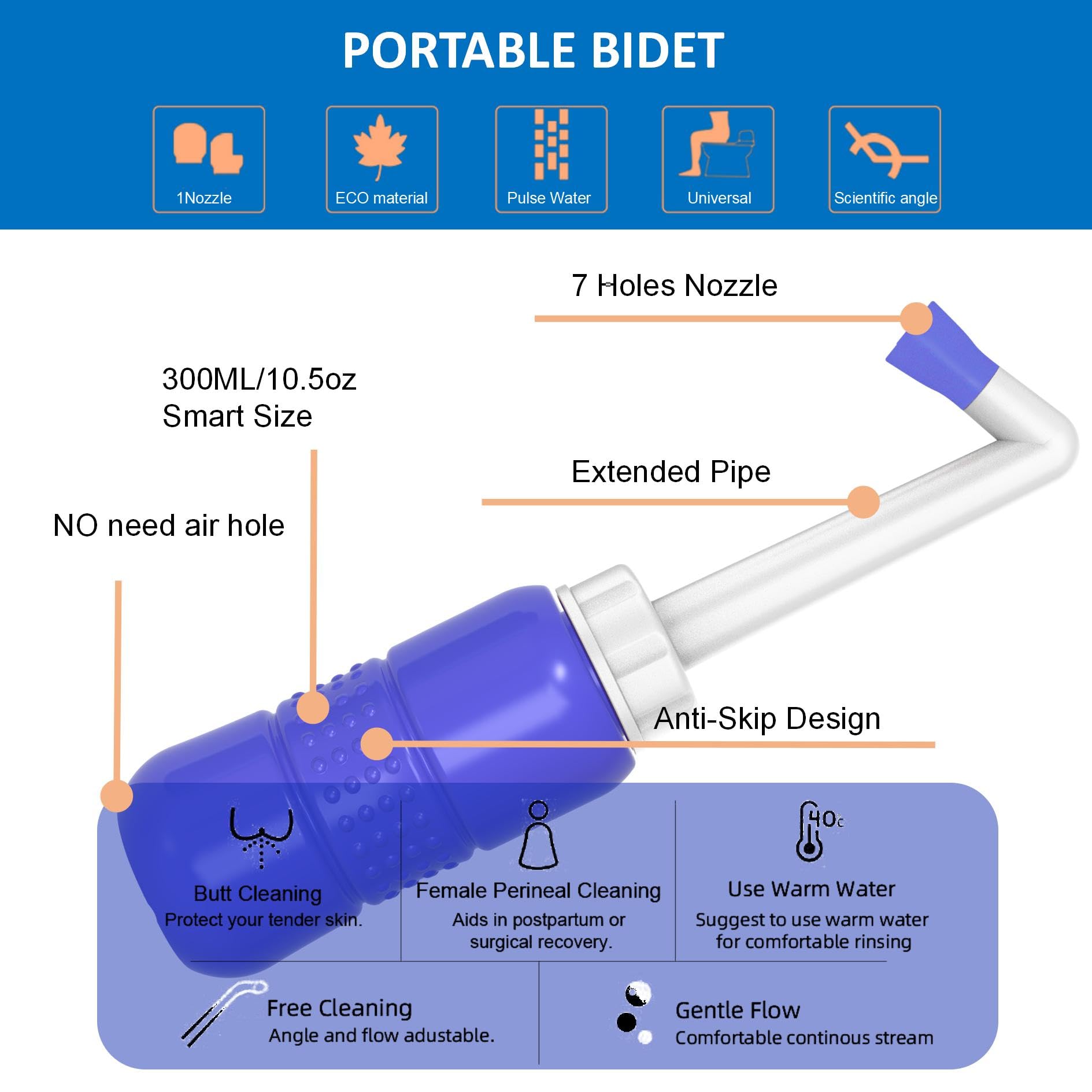 2 Pack 300ML Portable Bidet Blue Pink Travel Bidet Sprayer for Postpartum Menstrual Adults Kids Upside-Down Squeeze for — view 6