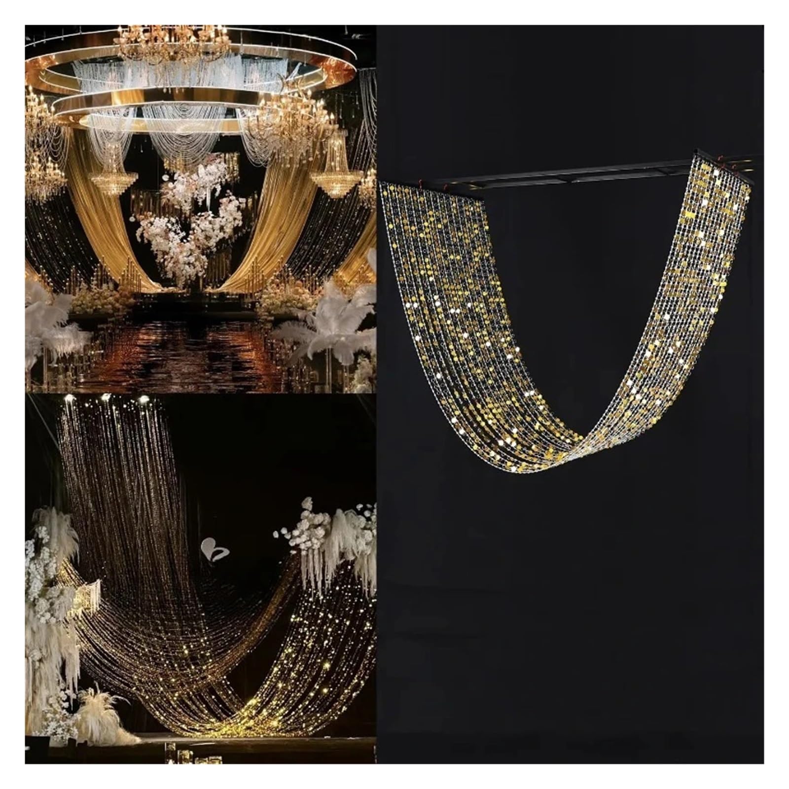 Soffitti con Paillettes Dorate Decorate Perline Rotonde | Soffitti Paillettes dorate decorate con perline rotonde Tende con paillettes da sposa Soffitti lucidi