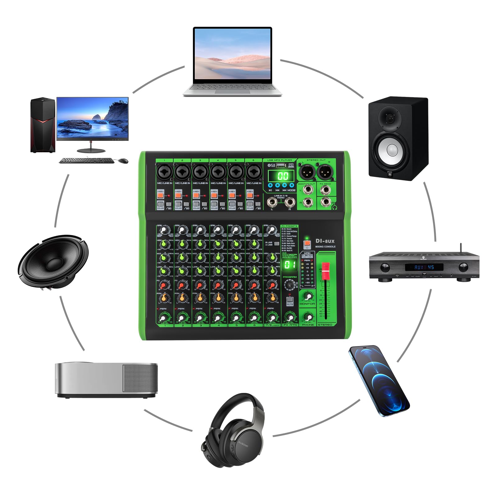 Mixer audio professionale, alimentazione phantom, preamplificatore per microfono, serie DI-4UX, verde, 19,3 x 26 x 4,5 cm