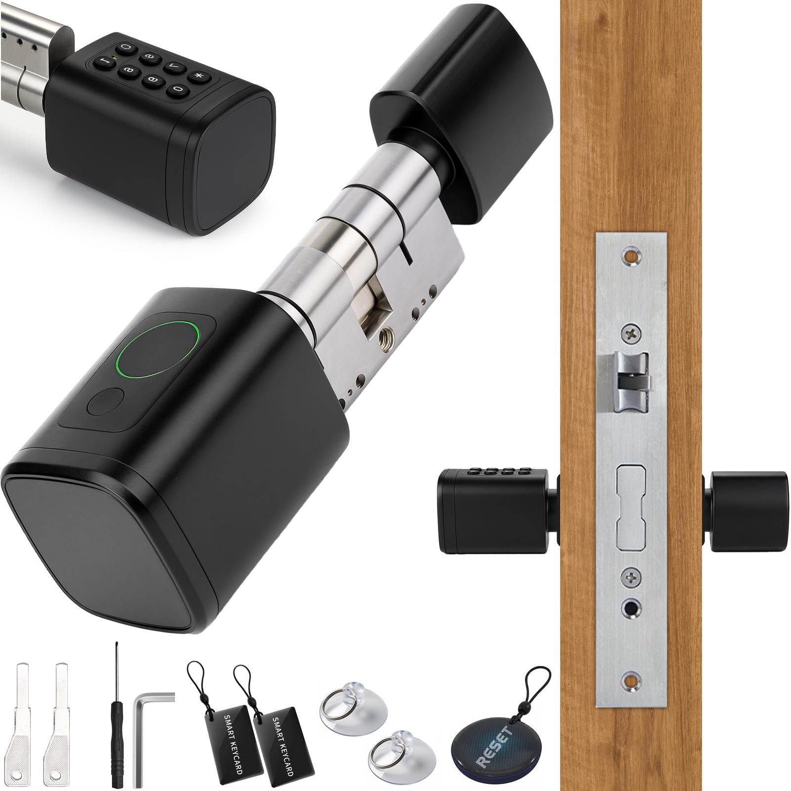 Electronic Door Lock Fingerprint, Smart Lock with Adjustable Lock Cylinder 60-90 mm, Front Door Lock with Fingerprint