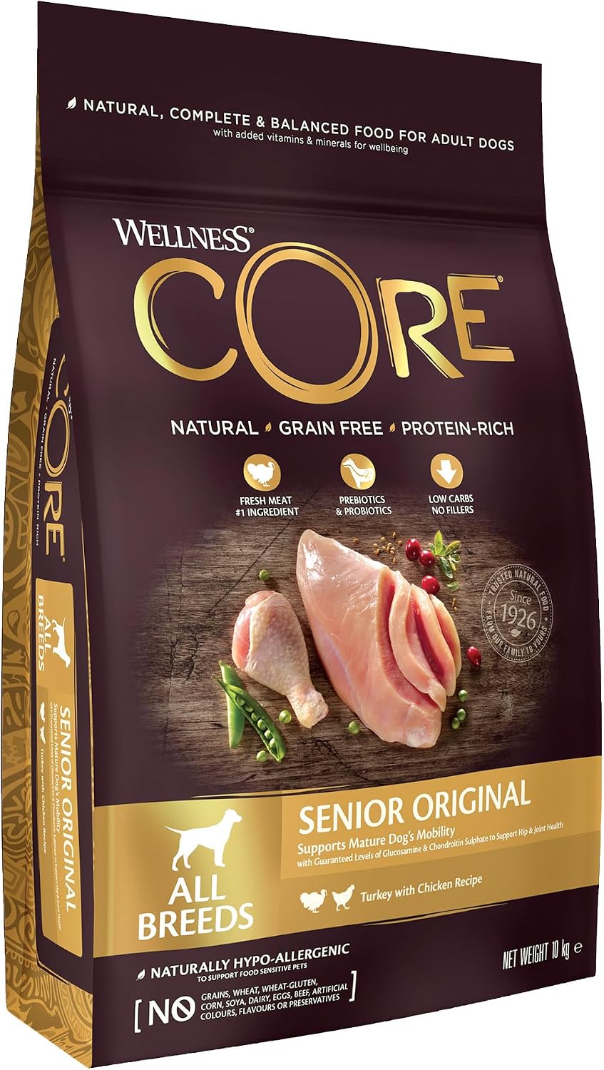 Wellness CORE Senior grain-free dry dog food 10kg bag, turkey and chicken