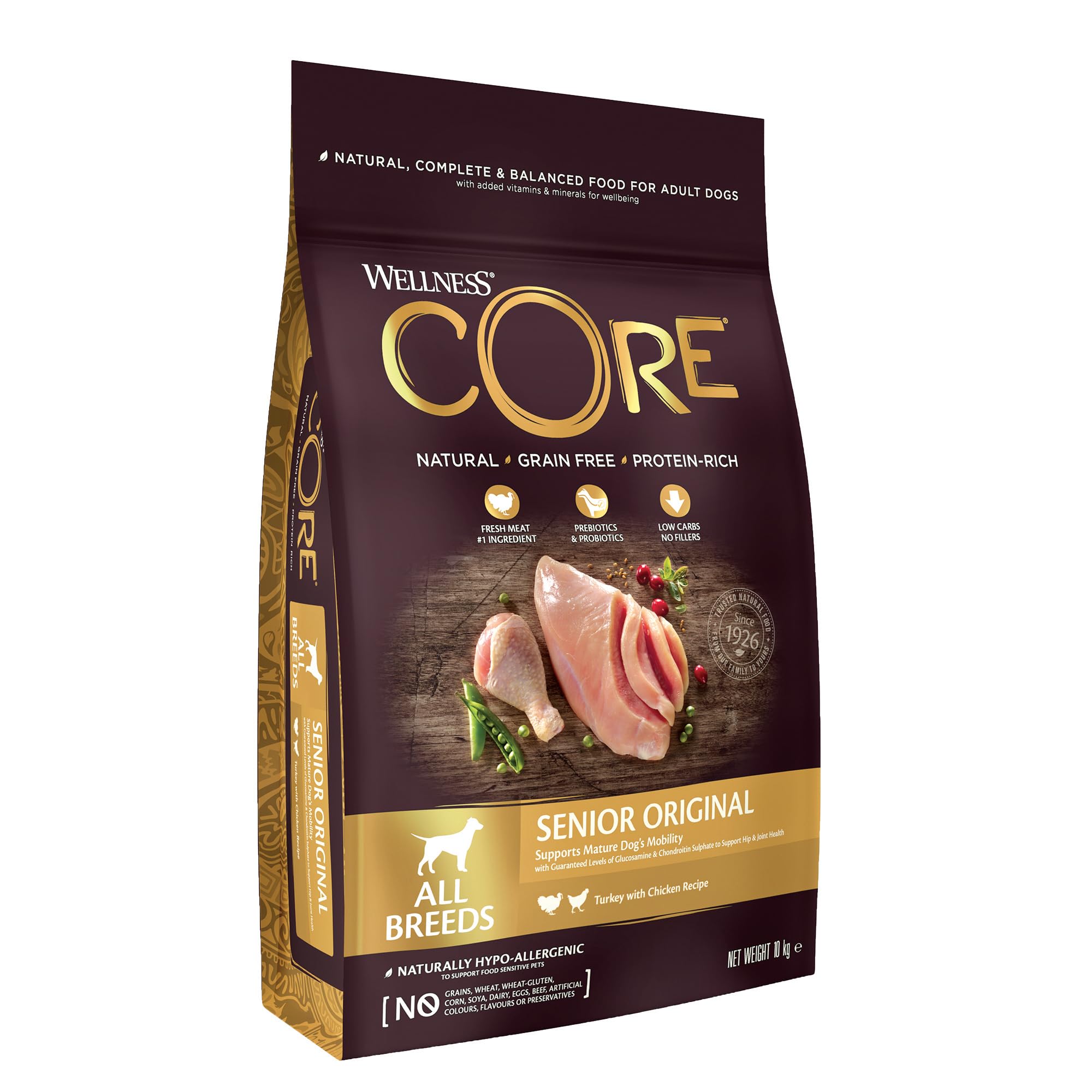 Wellness CORE Senior Original, 10kg, Turkey & Chicken, Dry Dog Food for All Breeds, +7 Years Old, Grain-Free, High Meat Content, Protein-Rich, Supports Ageing Dogs' Needs