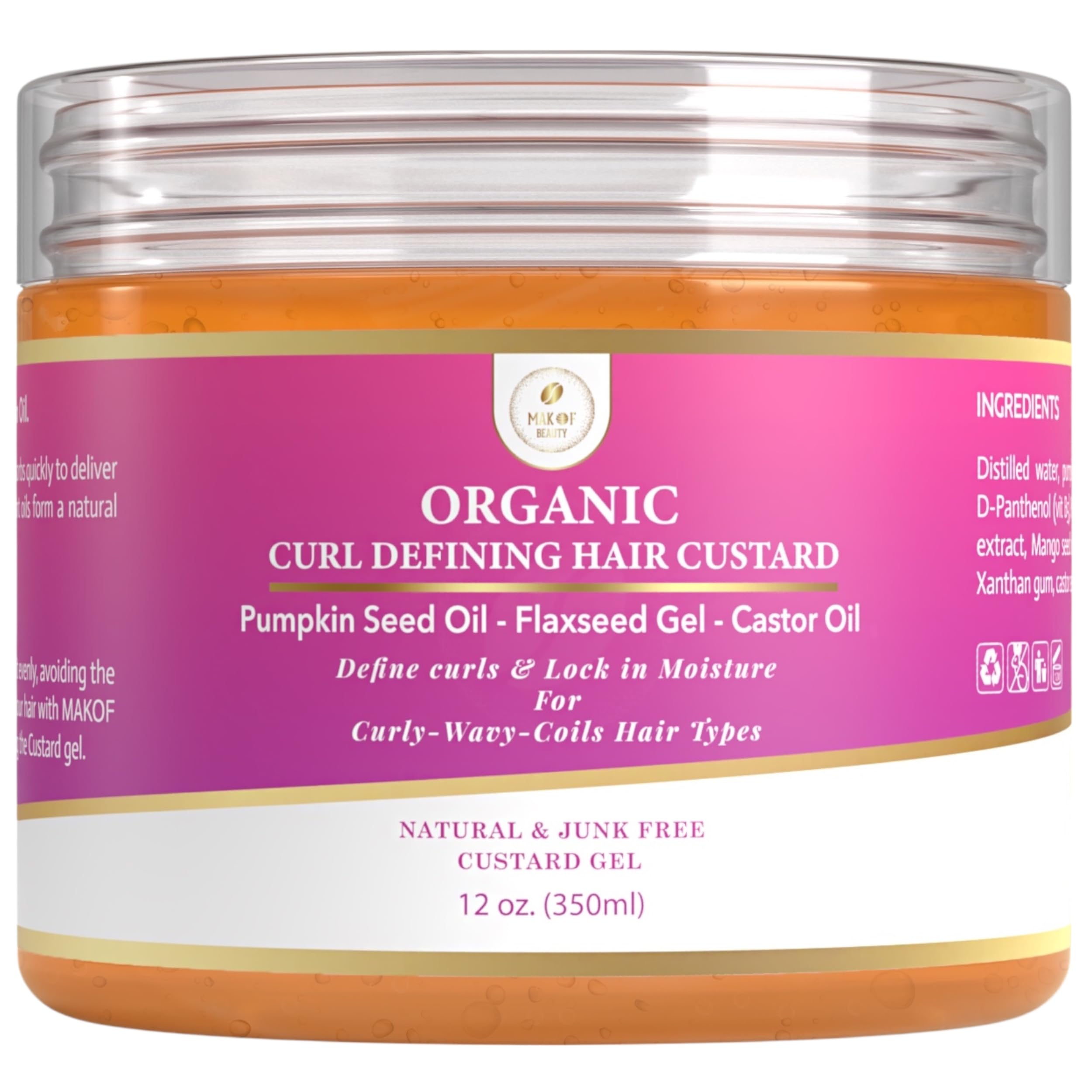 MAKOF BEAUTY Curls Defining & Styling Custard Gel, Enhances Curls Definition & Long-Lasting Hold. With Flaxseed, Pumpkin Seed & Rosemary. Natural Hair Styling, 12 fl oz