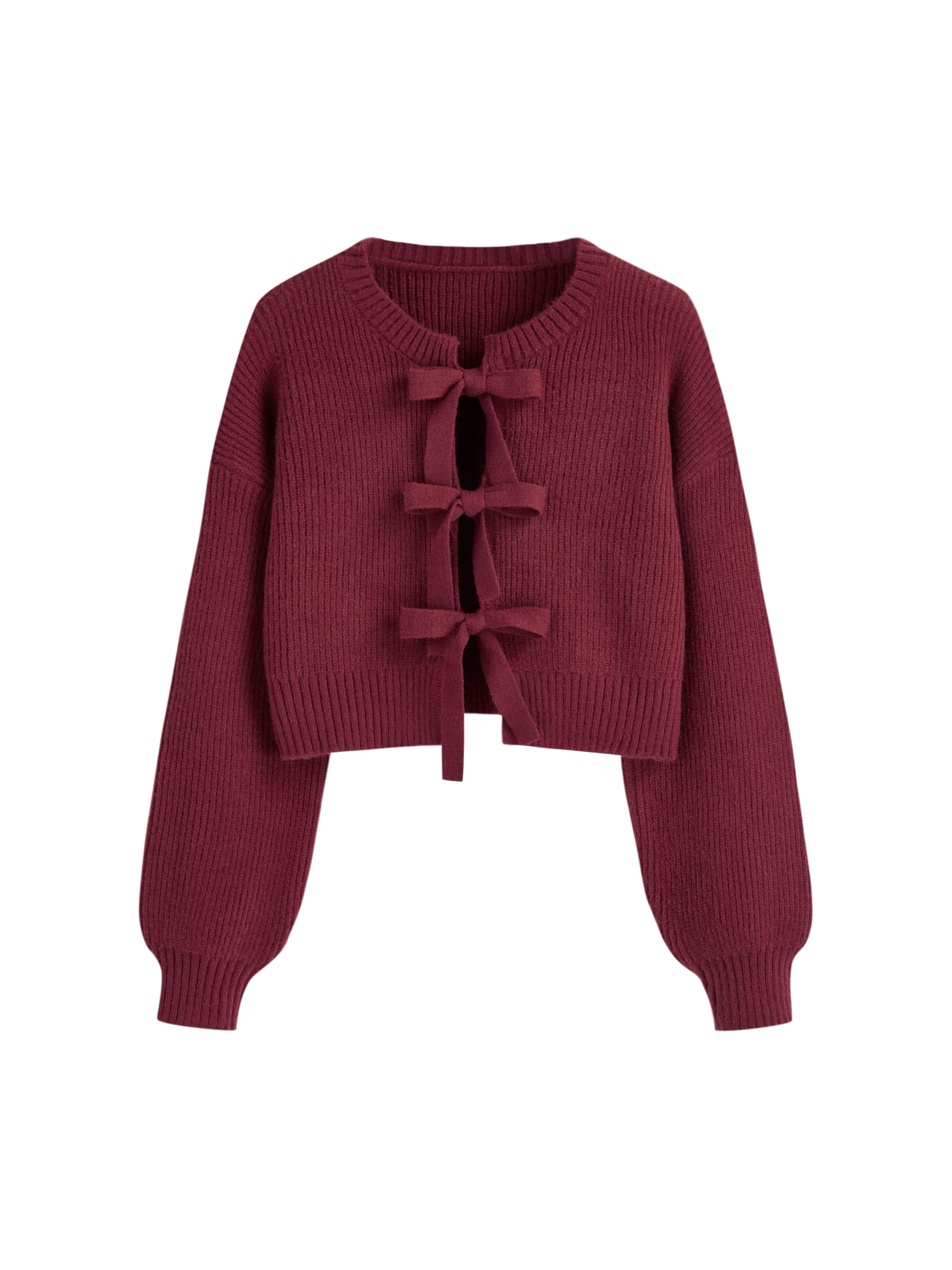 CIDER Women Round Neck Tie Front Cardigan Bowknot Crop Sweater