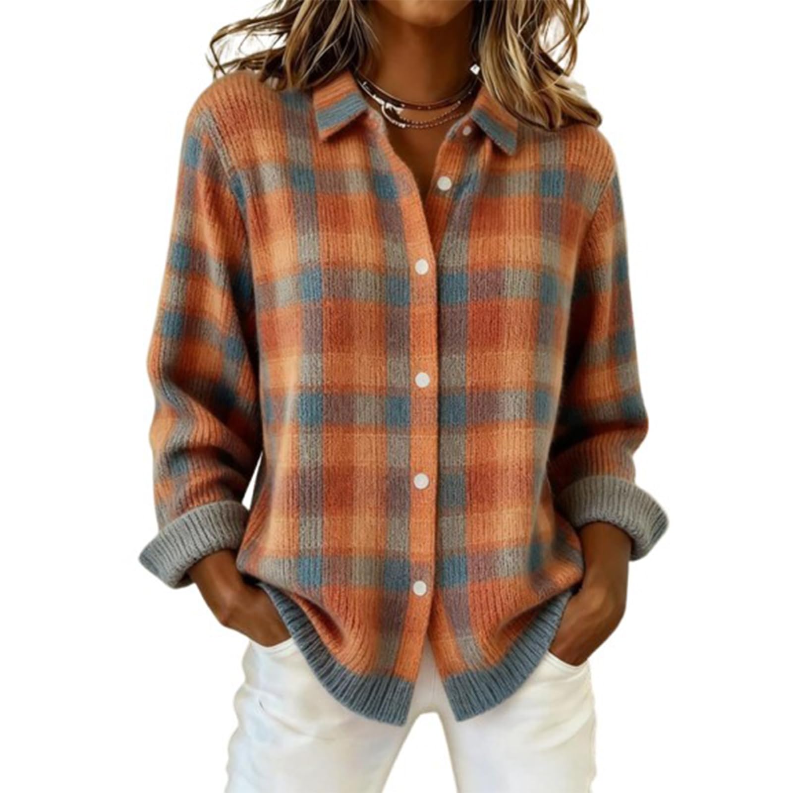 Womens Plaid Print Buttoned Cardigan Sweater Soft Long-Sleeve Checkered Knitwear