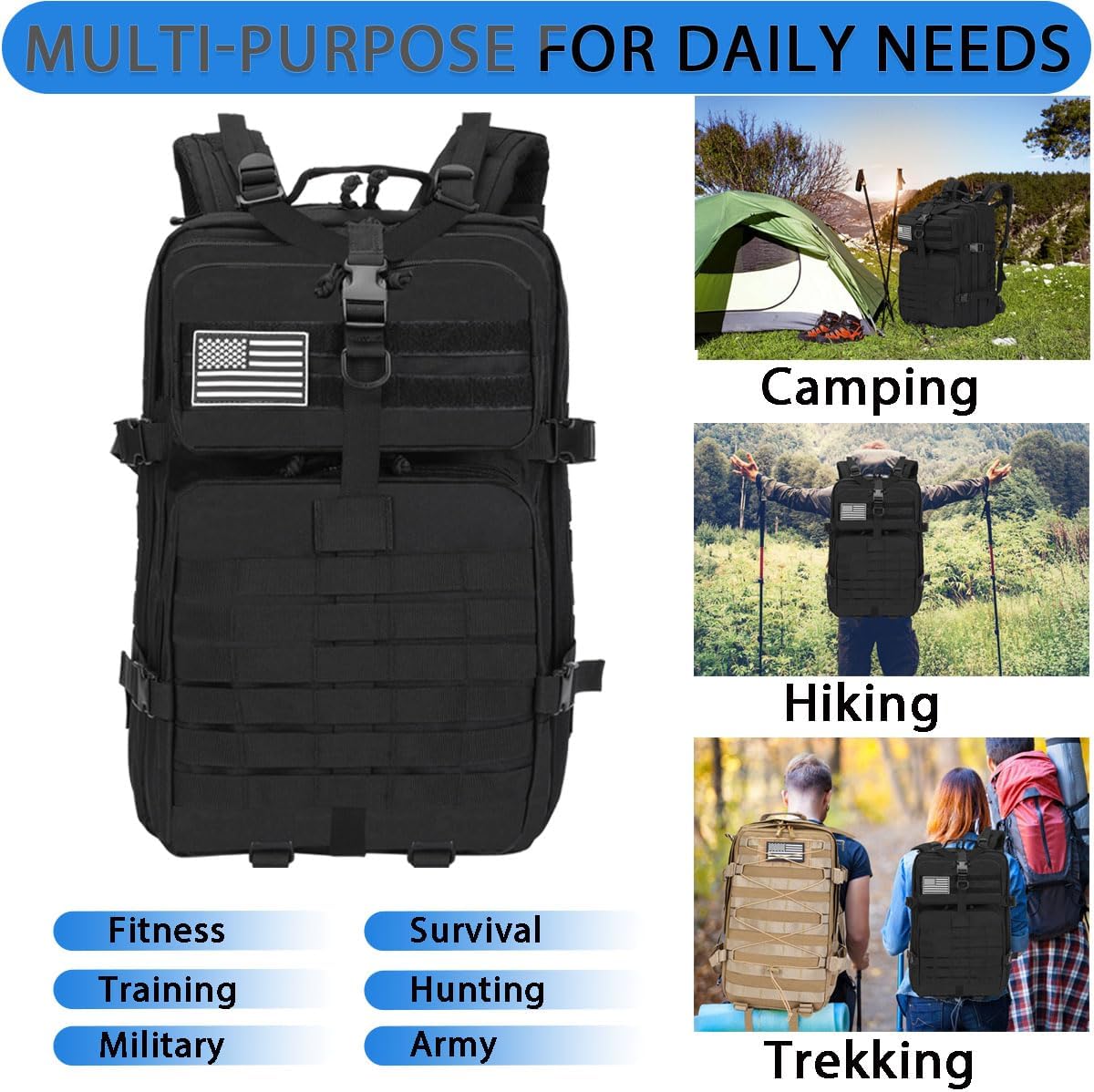 Phoking 45L Military Tactical Backpacks Lage Molle Backpack 3 Day Assault Pack Backpack Camping Hiking Rucksack Bug Out Bag Rucksack